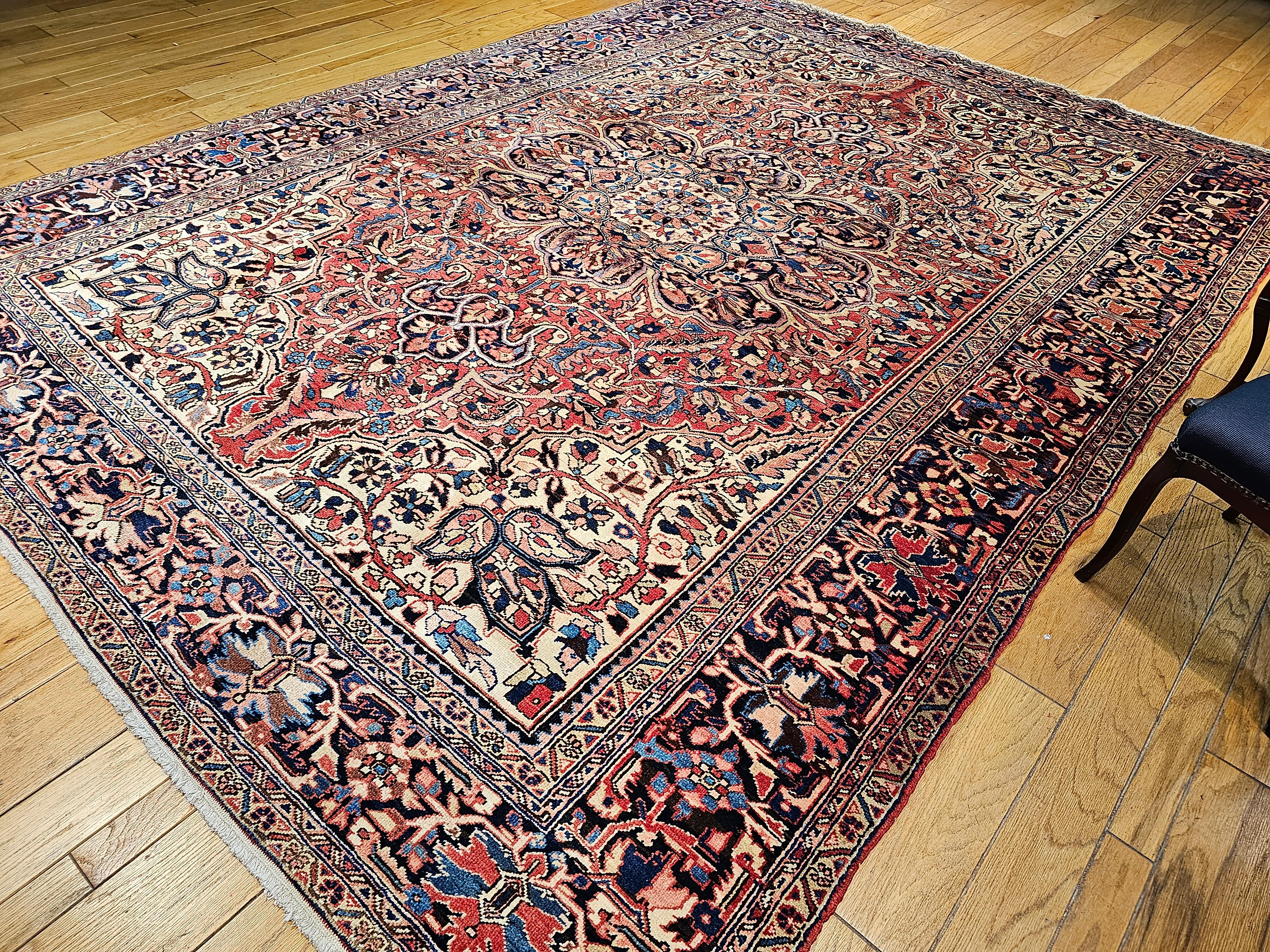 Vintage Room Size Persian Heriz in Rust Red, Ivory, Yellow, Pink, Blue, Navy For Sale 3