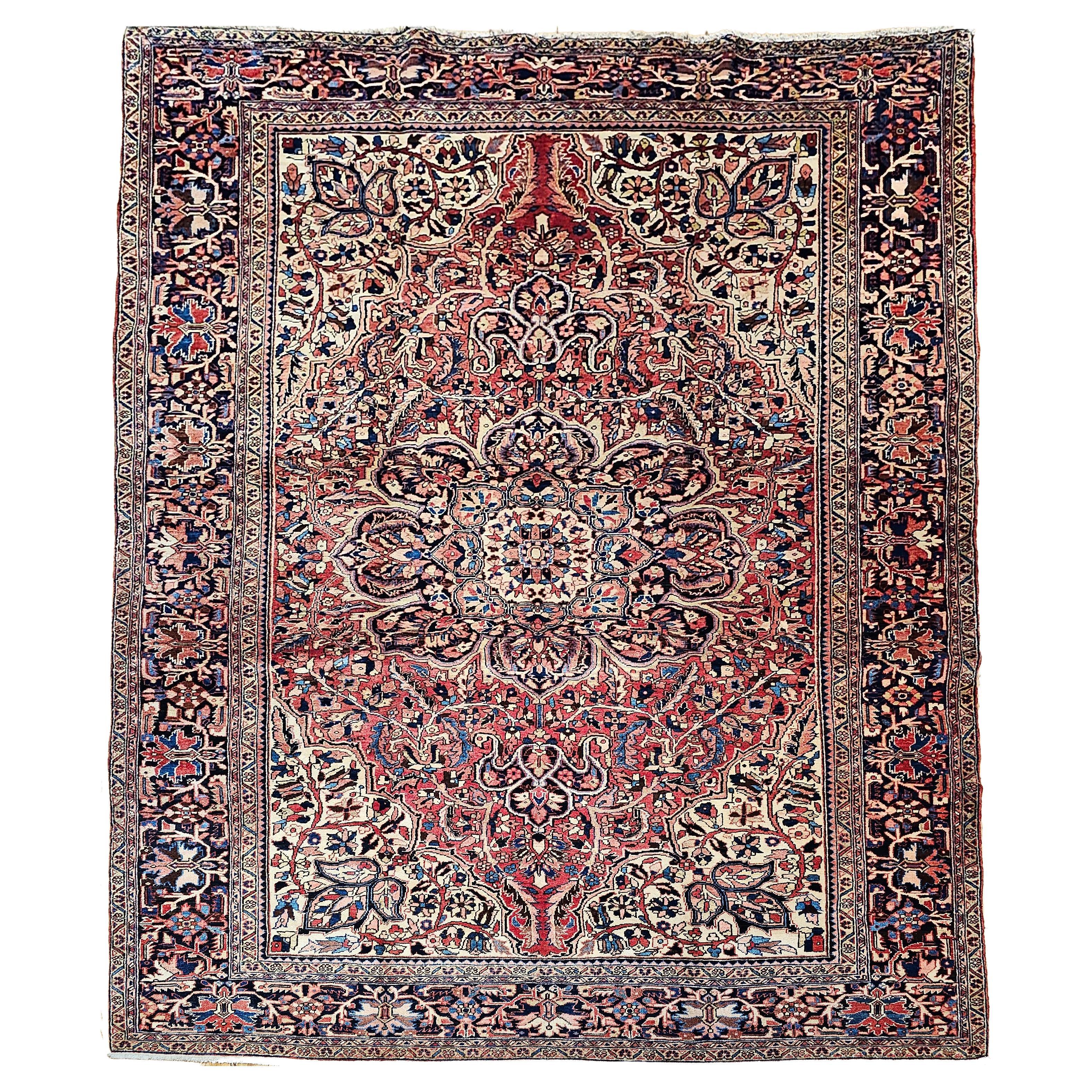 Vintage Room Size Persian Heriz in Rust Red, Ivory, Yellow, Pink, Blue, Navy For Sale