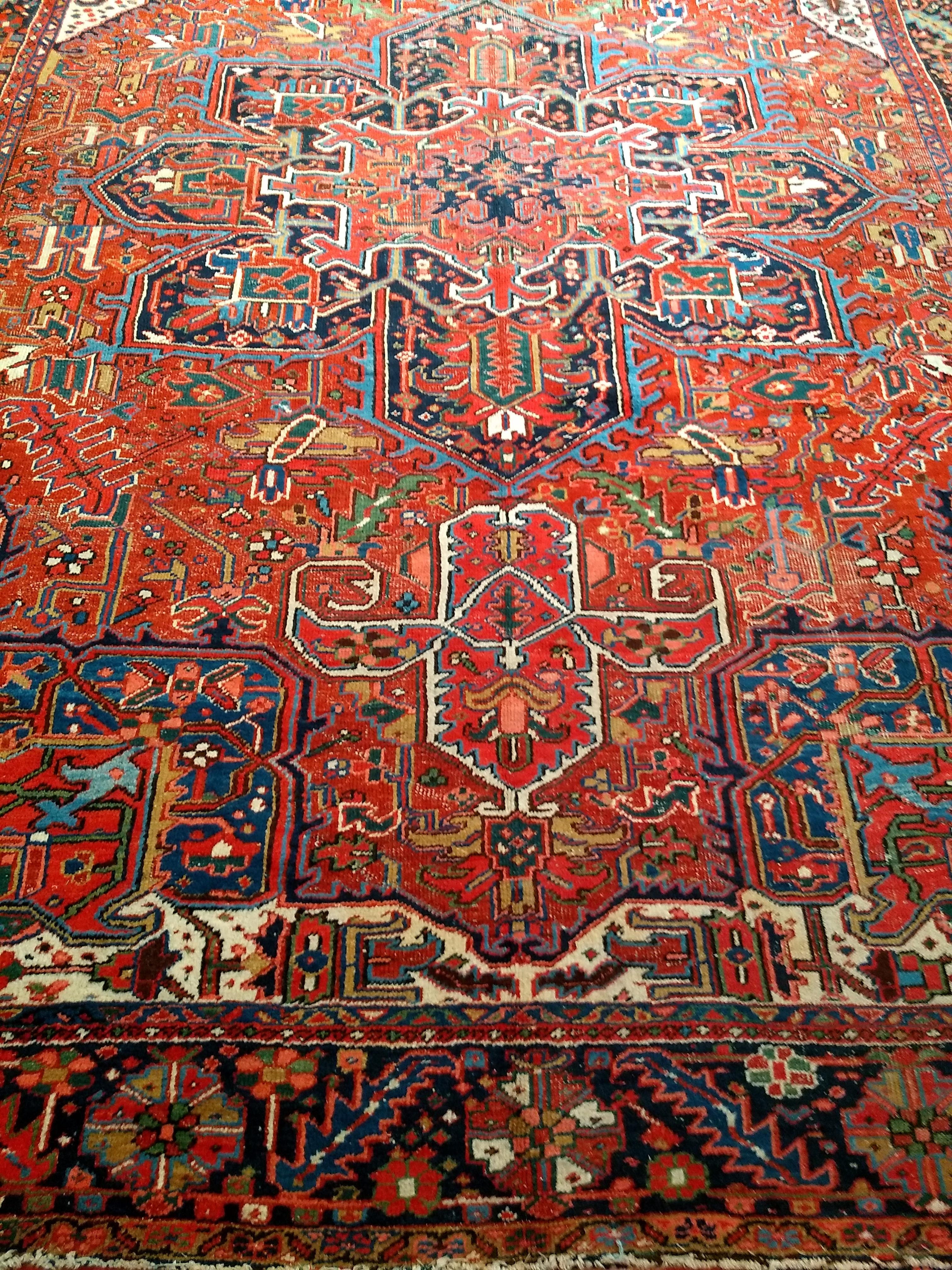 Vintage Room Size Persian Heriz Karajah in Brick-Red, French Blue, Ivory, Green For Sale 4
