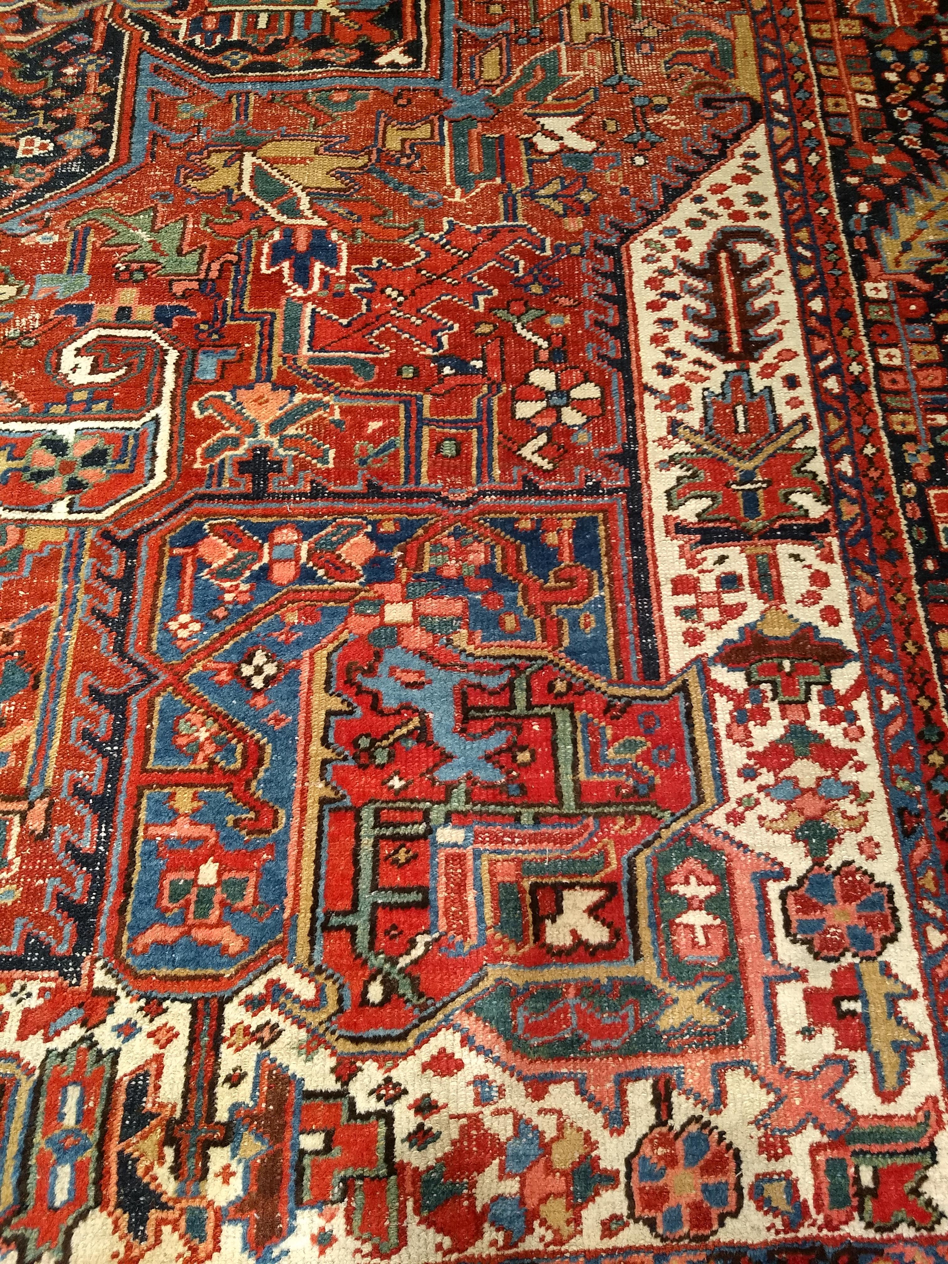 Vintage Room Size Persian Heriz Karajah in Brick-Red, French Blue, Ivory, Green For Sale 5