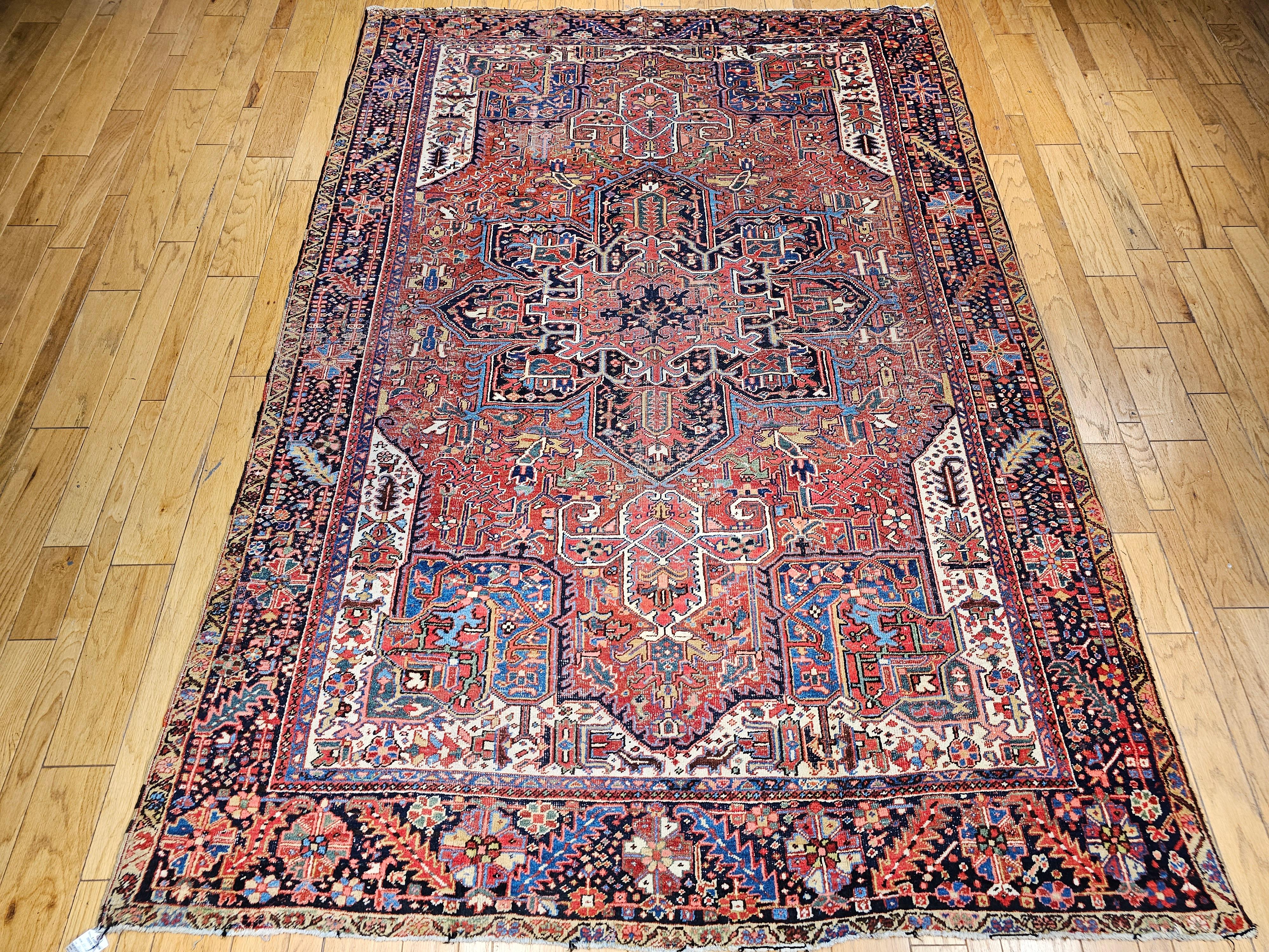 Vintage Room Size Persian Heriz Karajah in Brick-Red, French Blue, Ivory, Green For Sale 6