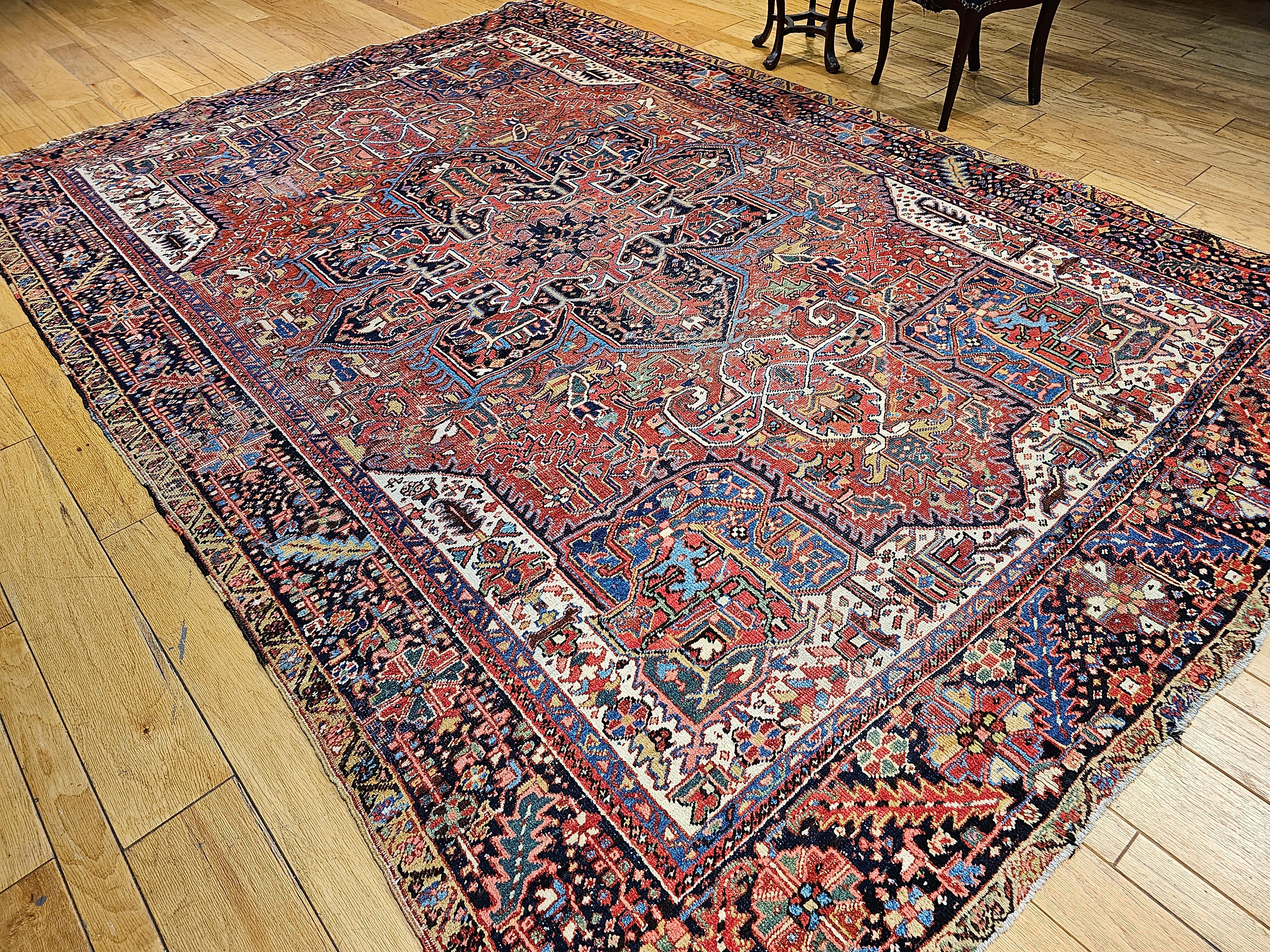 Vintage Room Size Persian Heriz Karajah in Brick-Red, French Blue, Ivory, Green For Sale 7