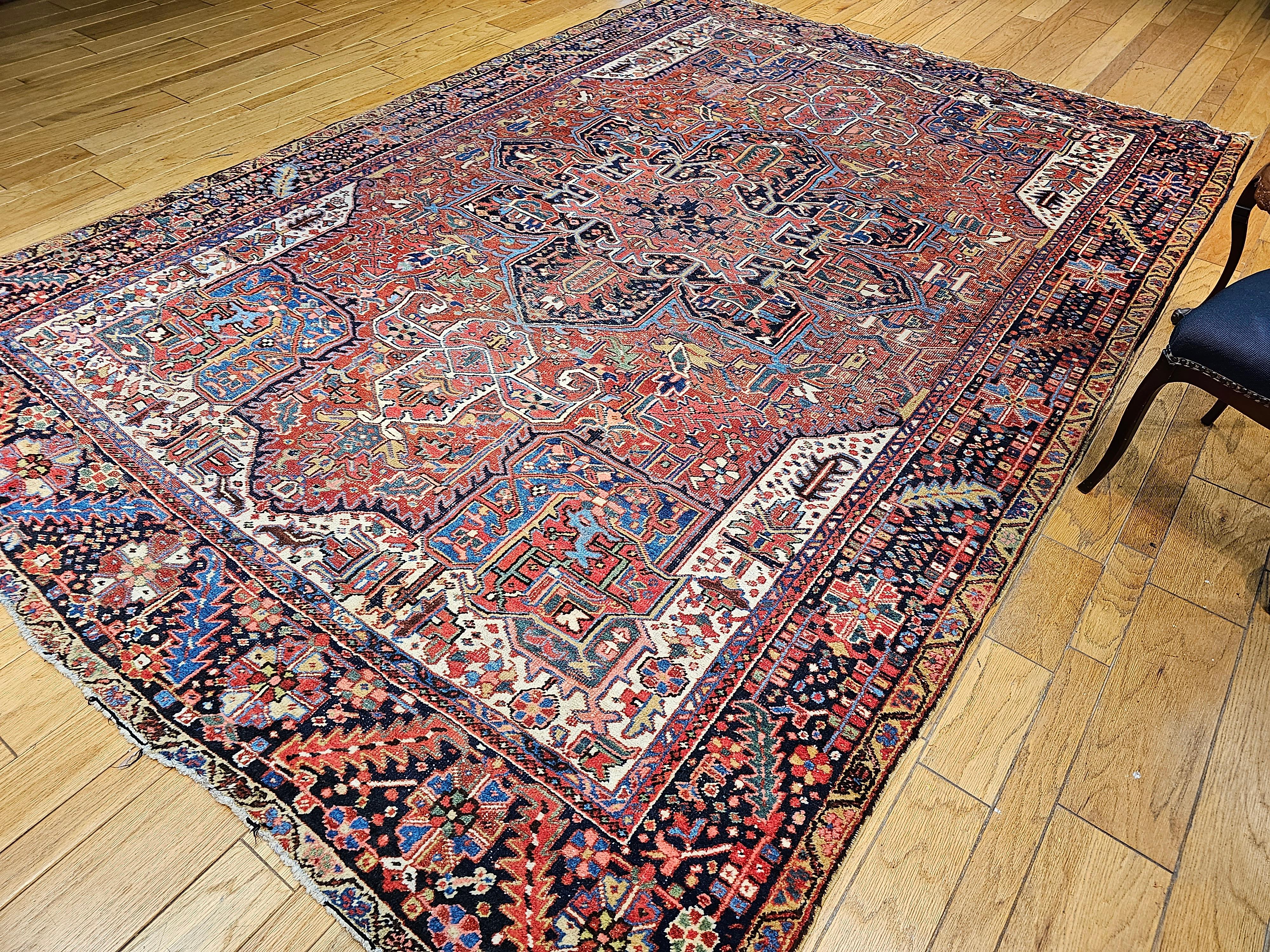 Vintage Room Size Persian Heriz Karajah in Brick-Red, French Blue, Ivory, Green For Sale 8