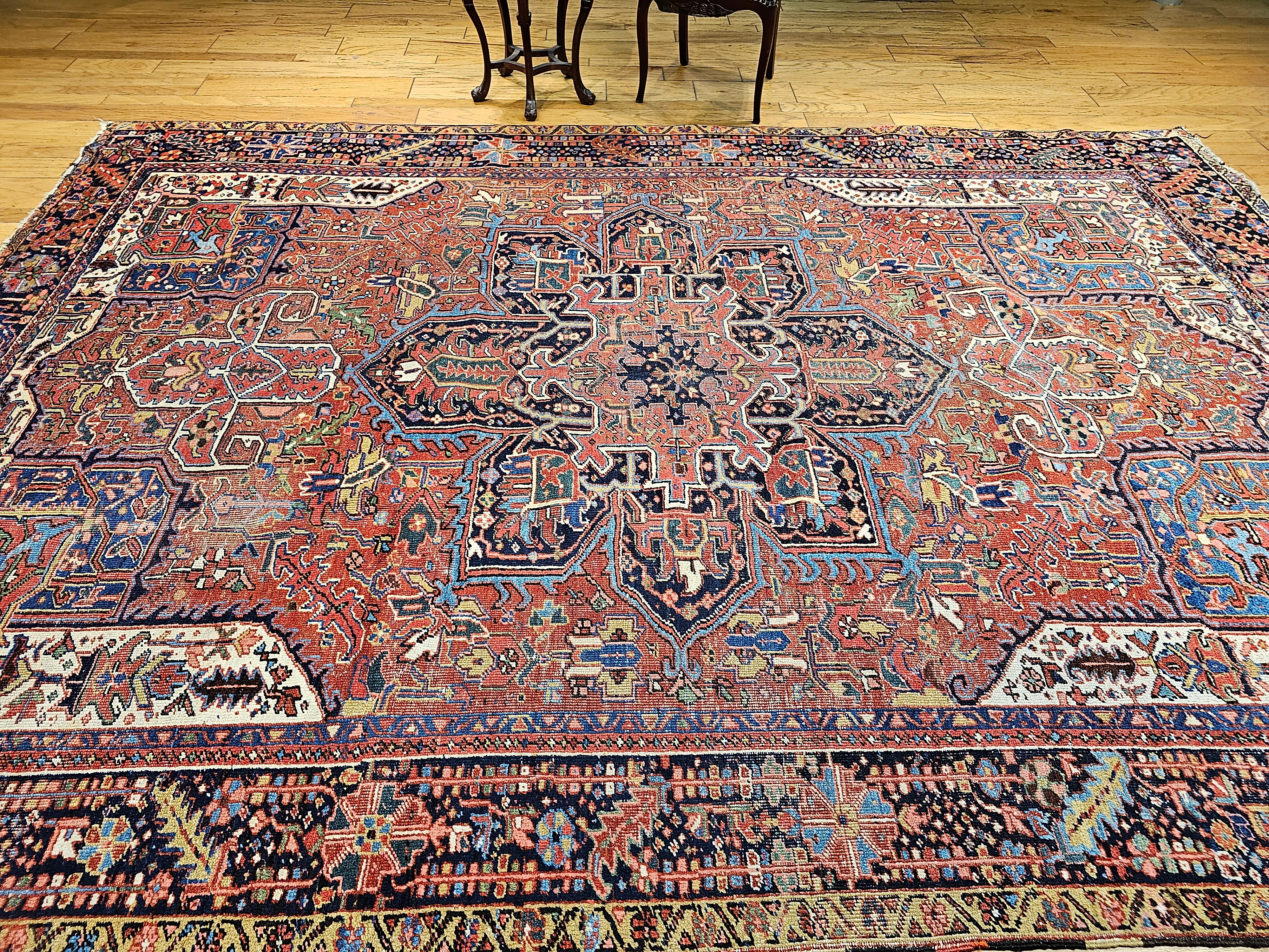 Vintage Room Size Persian Heriz Karajah in Brick-Red, French Blue, Ivory, Green For Sale 9