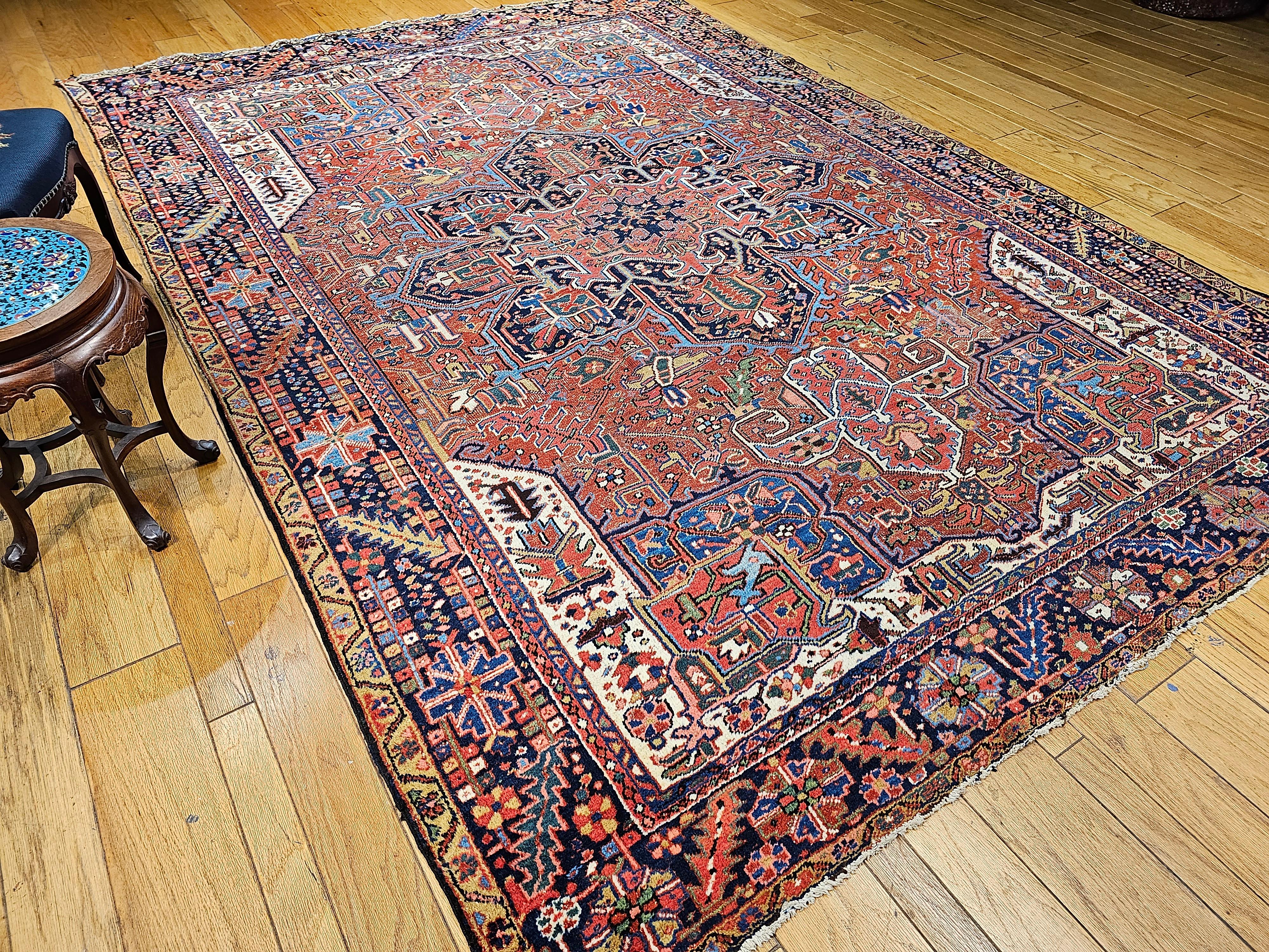 Vintage Room Size Persian Heriz Karajah in Brick-Red, French Blue, Ivory, Green For Sale 10