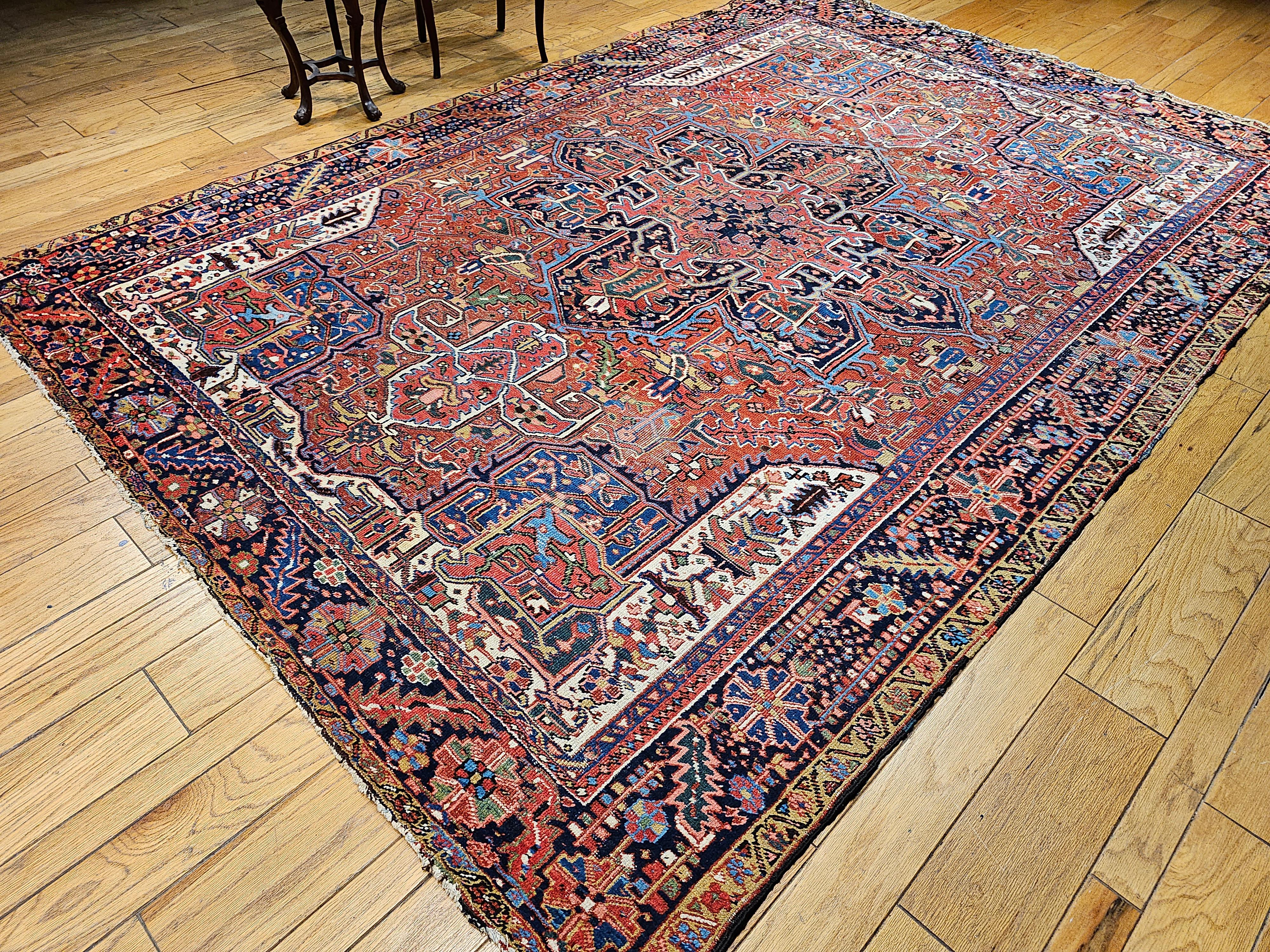 Vintage Room Size Persian Heriz Karajah in Brick-Red, French Blue, Ivory, Green For Sale 11