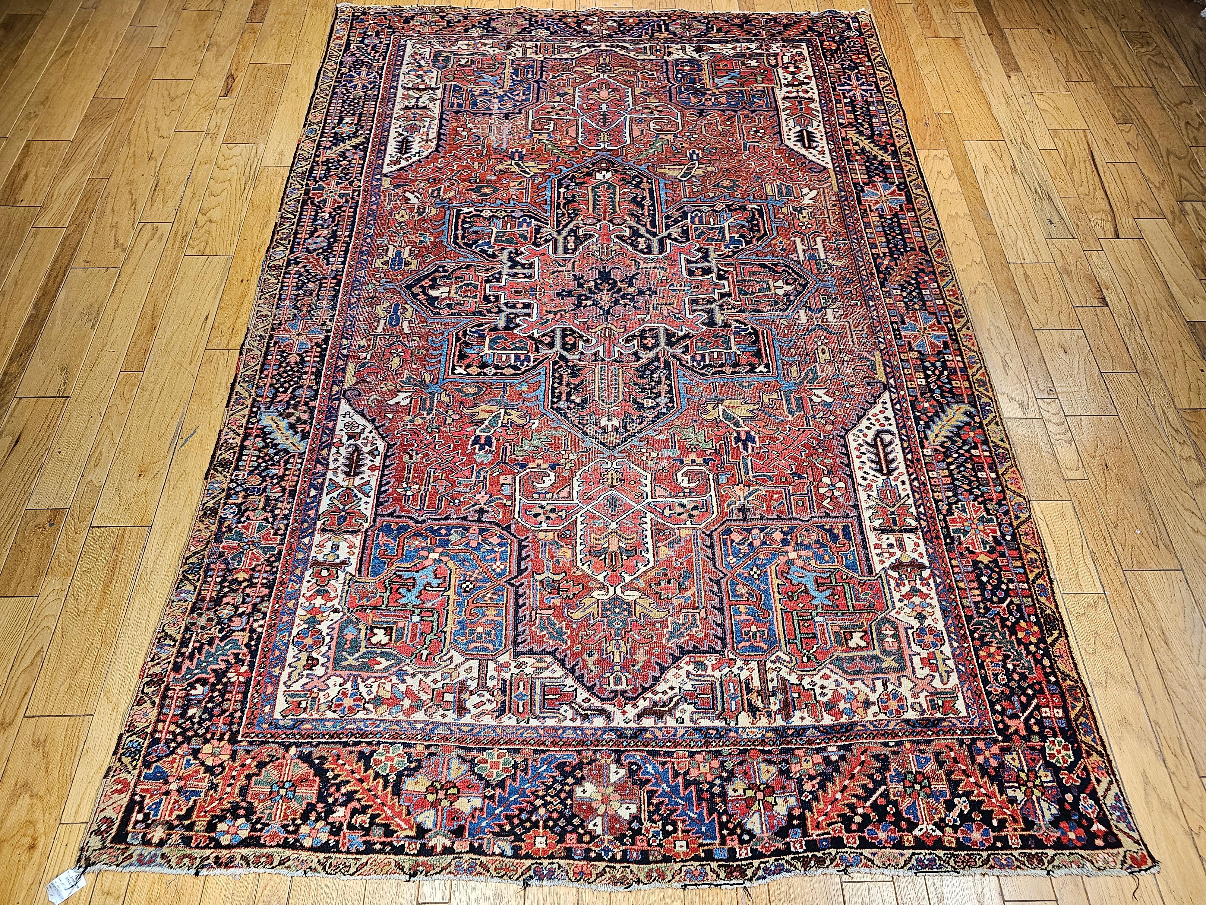 Vintage Room Size Persian Heriz Karajah in Brick-Red, French Blue, Ivory, Green For Sale 12