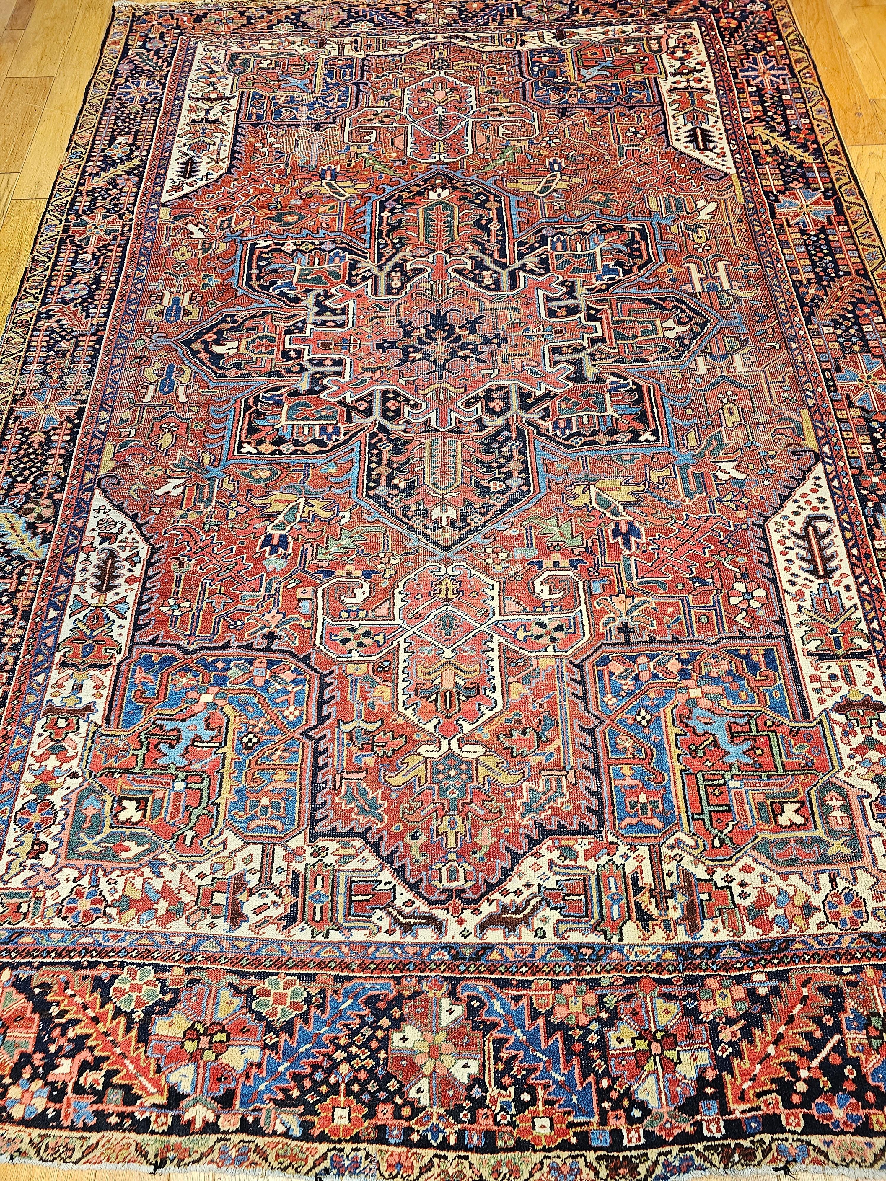 Hand-Knotted Vintage Room Size Persian Heriz Karajah in Brick-Red, French Blue, Ivory, Green For Sale