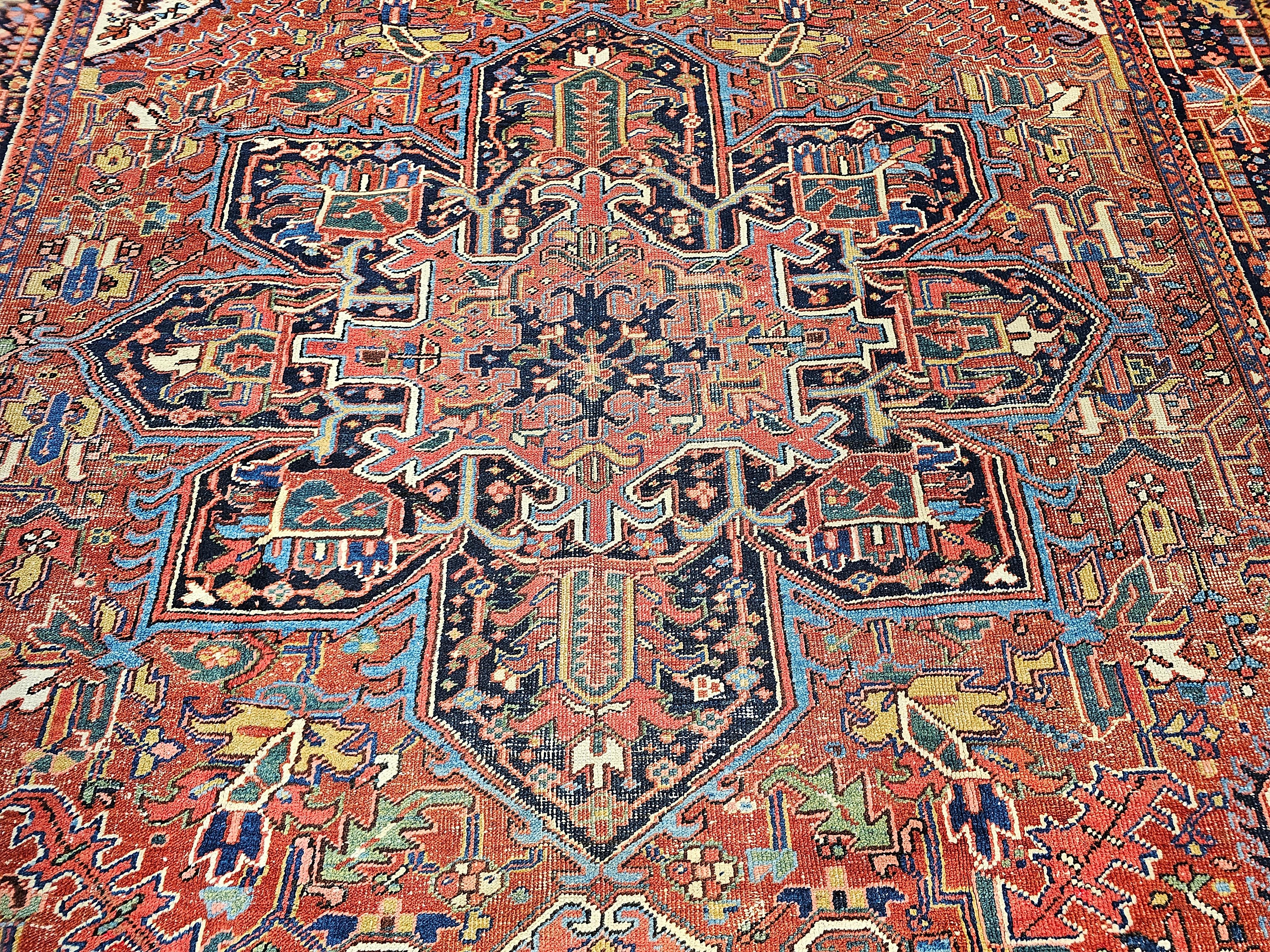 20th Century Vintage Room Size Persian Heriz Karajah in Brick-Red, French Blue, Ivory, Green For Sale