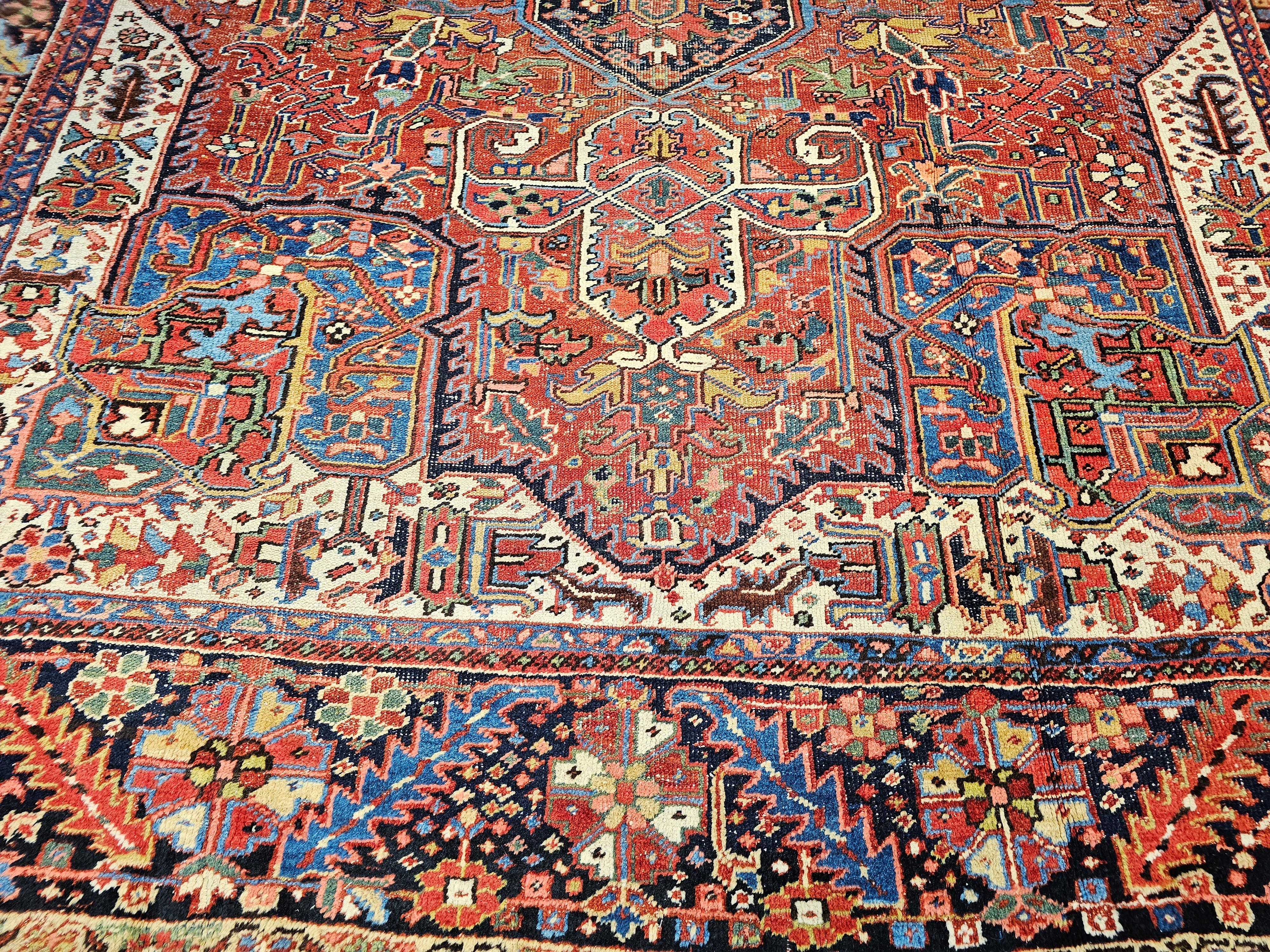 Wool Vintage Room Size Persian Heriz Karajah in Brick-Red, French Blue, Ivory, Green For Sale