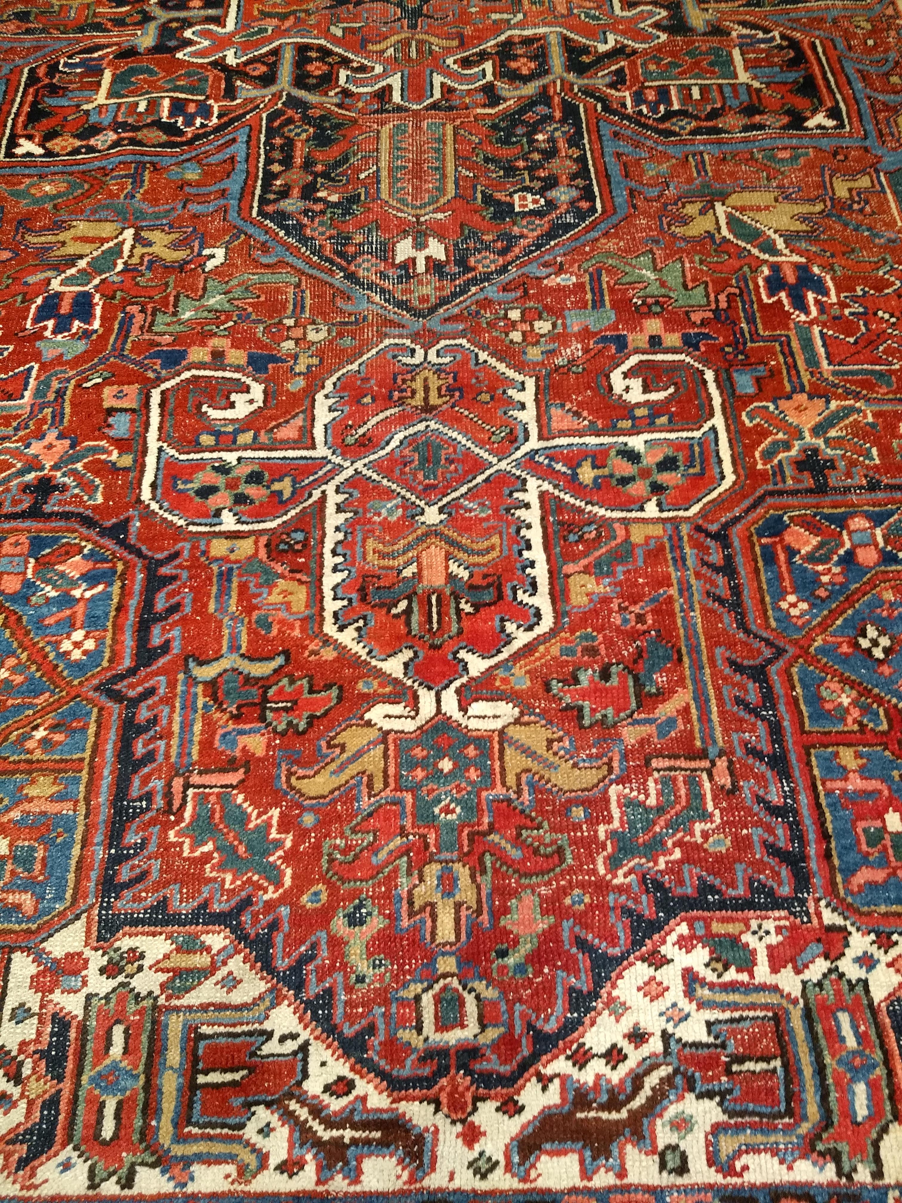 Vintage Room Size Persian Heriz Karajah in Brick-Red, French Blue, Ivory, Green For Sale 2