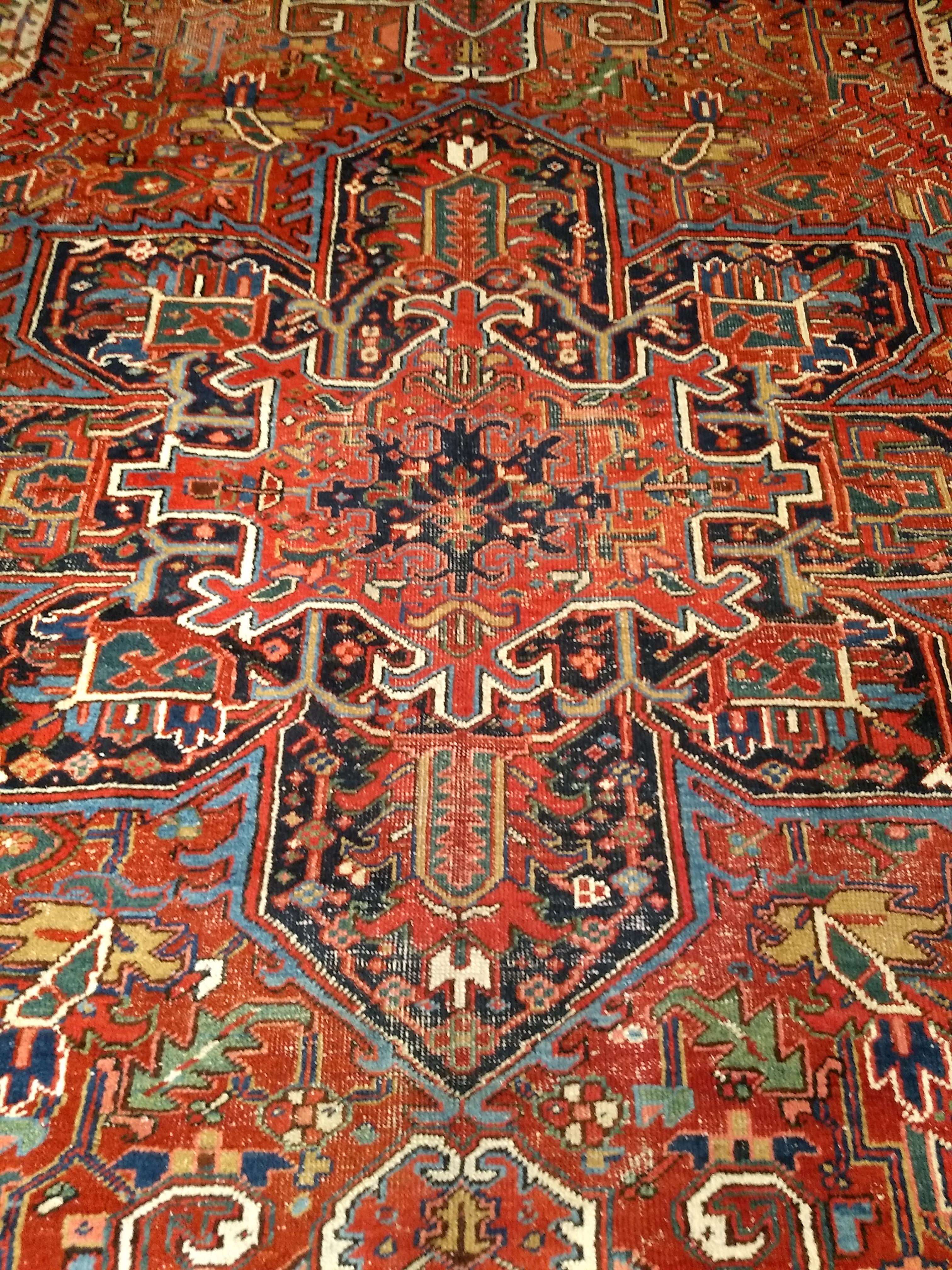 Vintage Room Size Persian Heriz Karajah in Brick-Red, French Blue, Ivory, Green For Sale 3