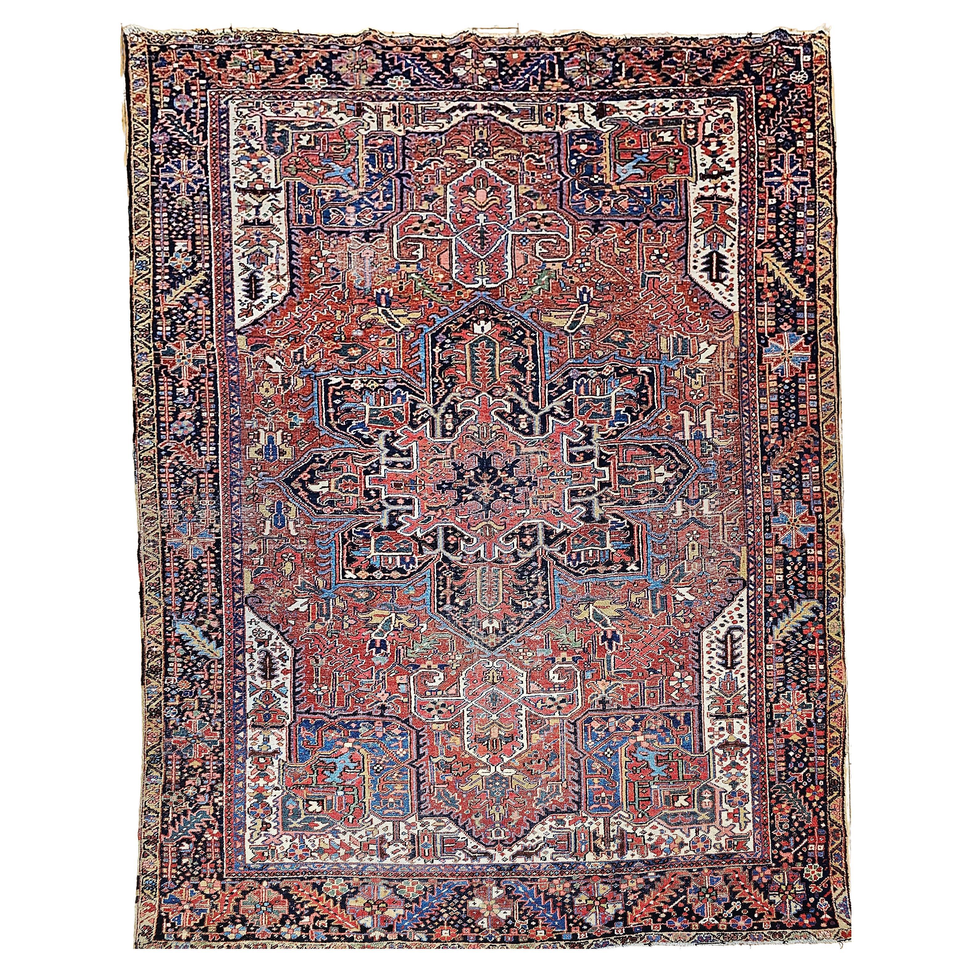 Vintage Room Size Persian Heriz Karajah in Brick-Red, French Blue, Ivory, Green For Sale