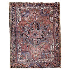 Antique Room Size Persian Heriz Karajah in Brick-Red, French Blue, Ivory, Green