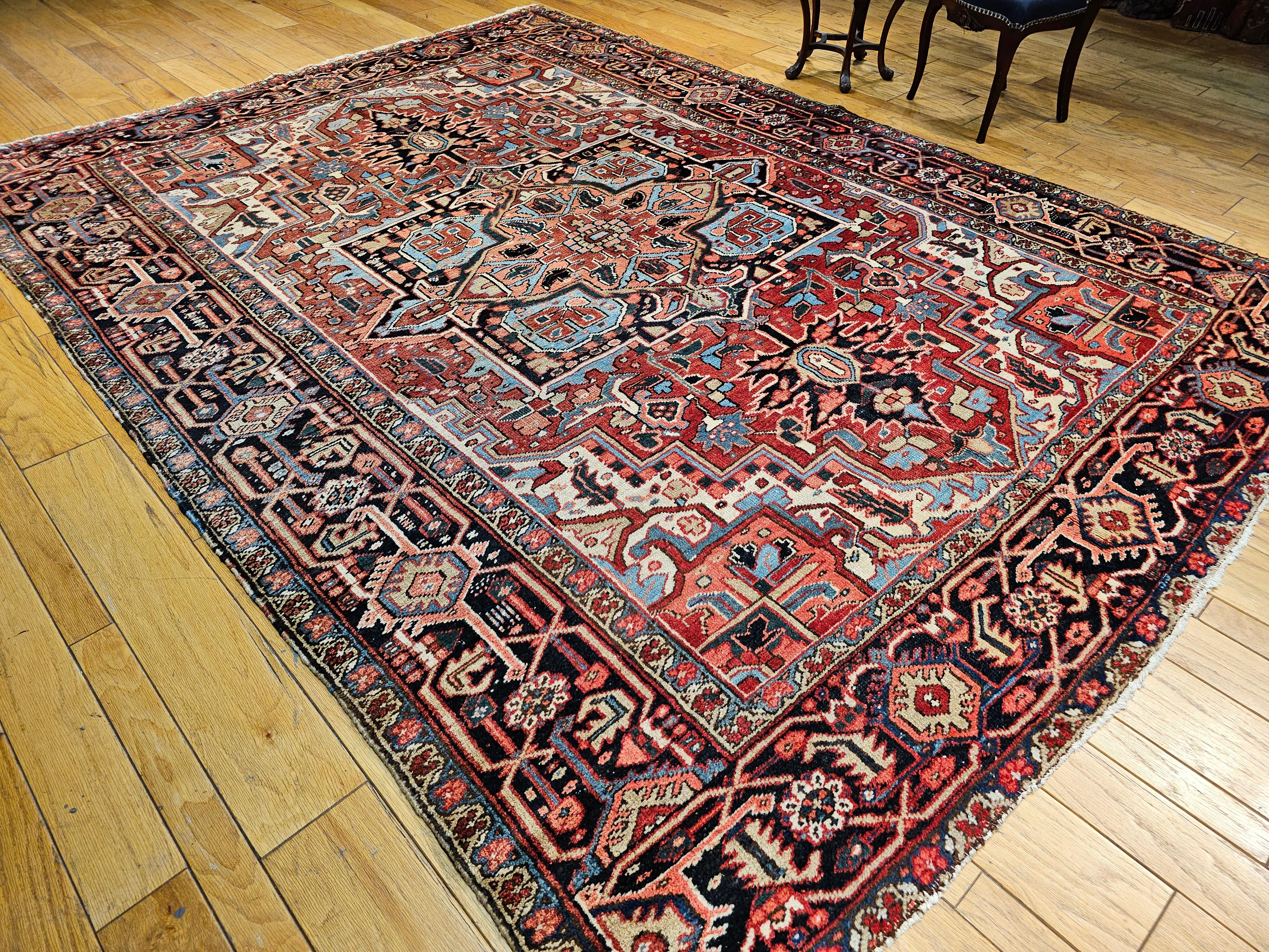 Vintage Room Size Persian Heriz Serapi in Brick-Red, Blue, Pink, Green, Yellow For Sale 4