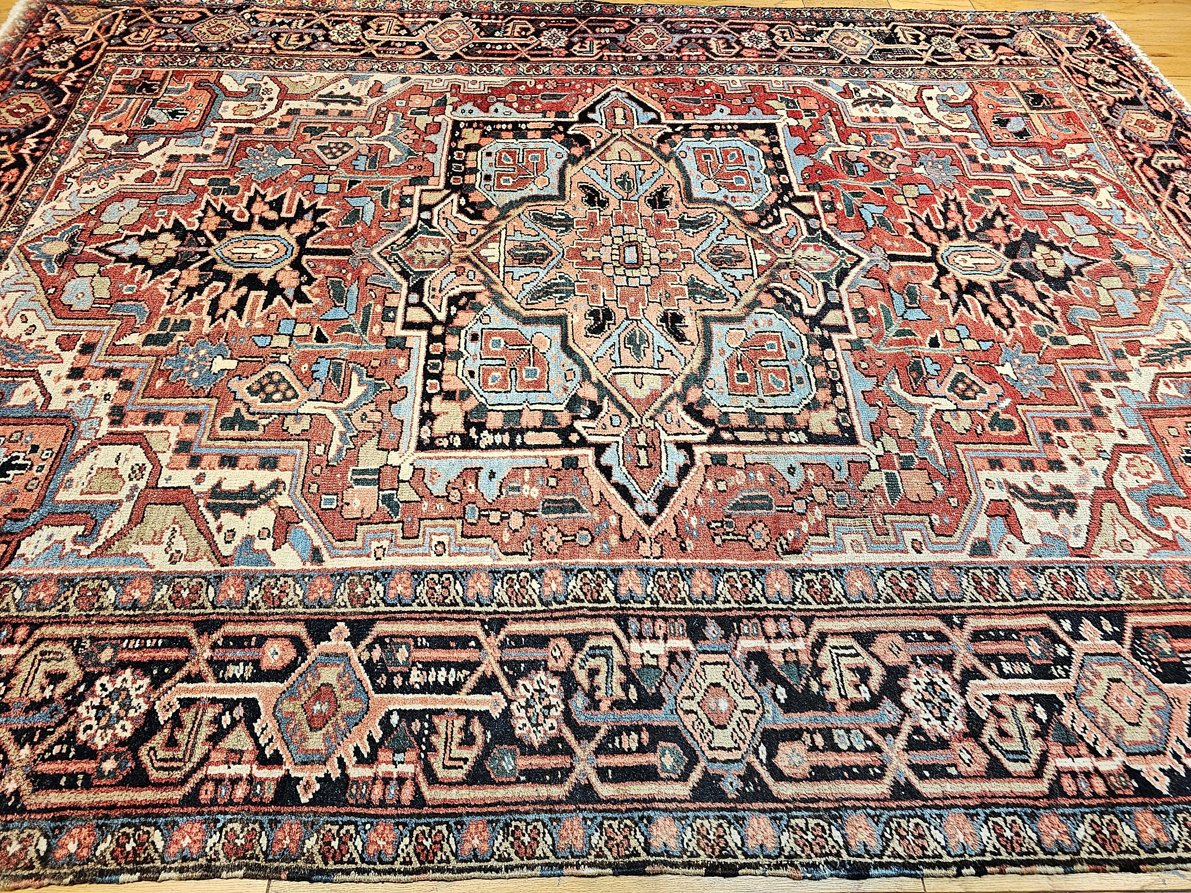 Vintage Room Size Persian Heriz Serapi in Brick-Red, Blue, Pink, Green, Yellow For Sale 6