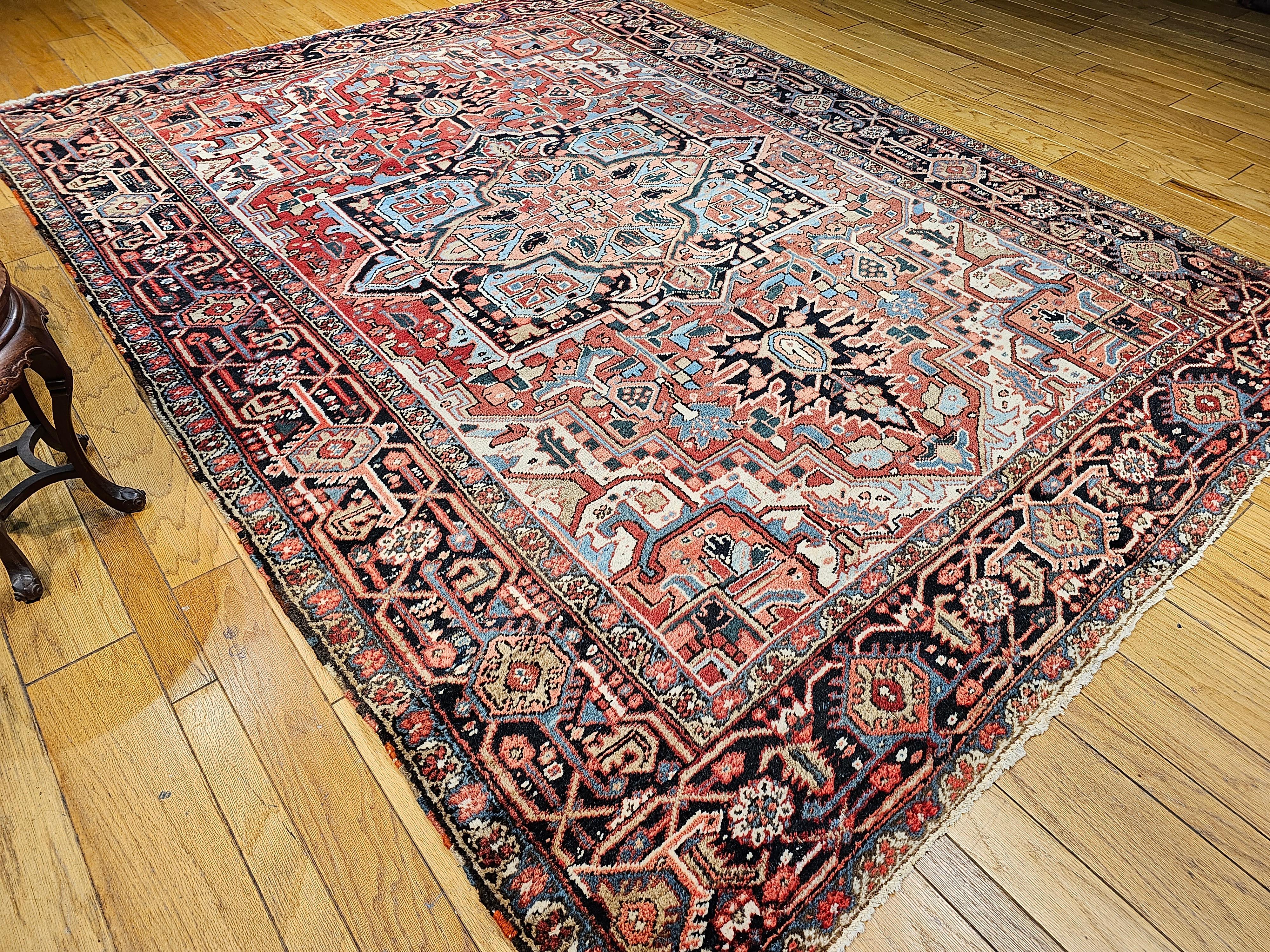 Vintage Room Size Persian Heriz Serapi in Brick-Red, Blue, Pink, Green, Yellow For Sale 7