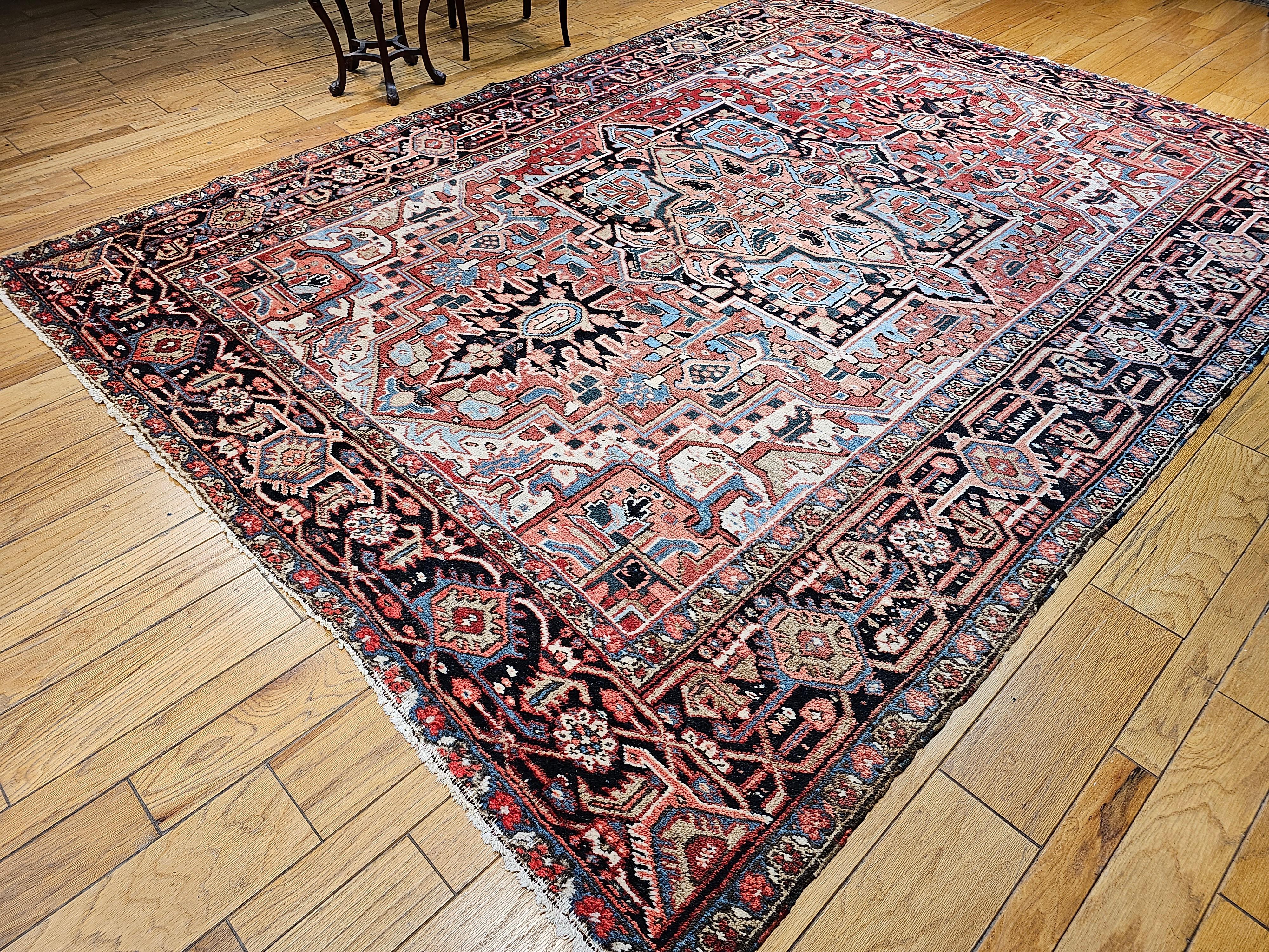 Vintage Room Size Persian Heriz Serapi in Brick-Red, Blue, Pink, Green, Yellow For Sale 8