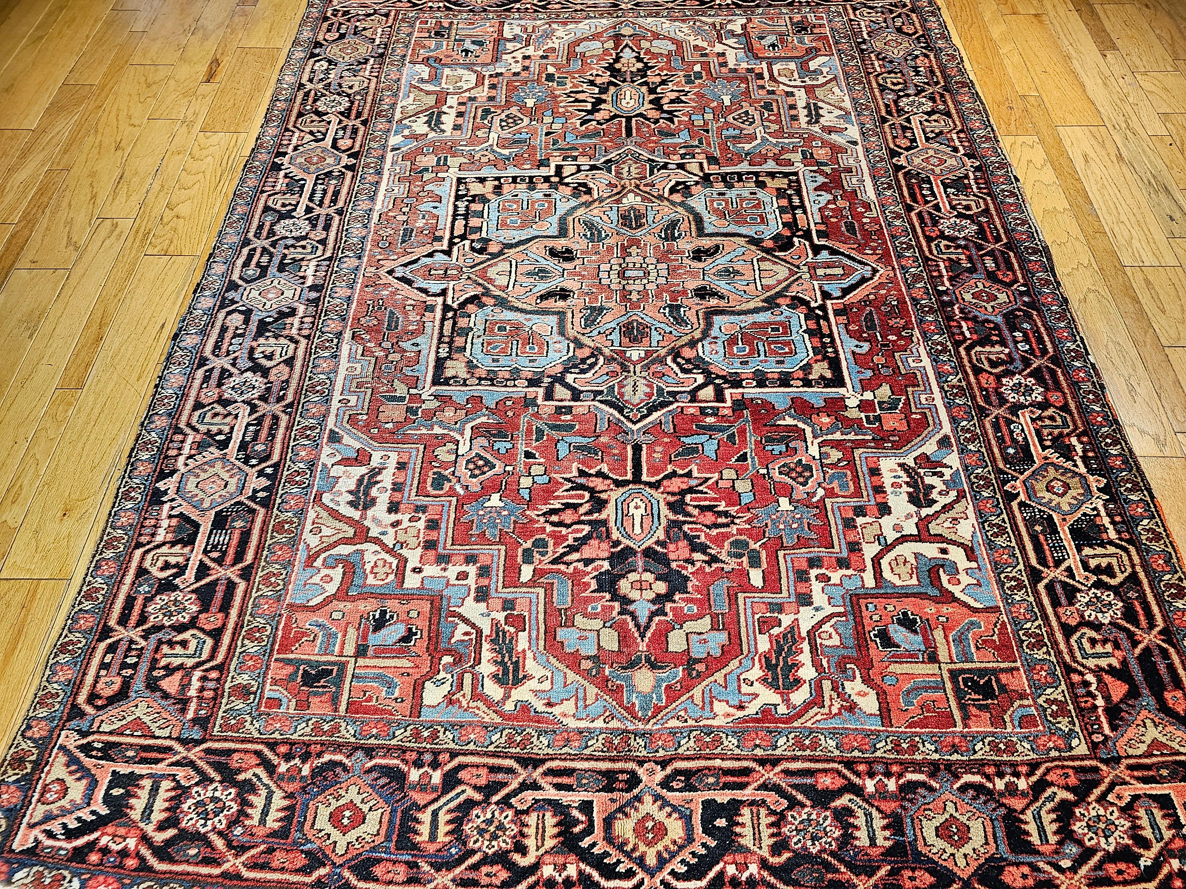 Vintage Room Size Persian Heriz Serapi in Brick-Red, Blue, Pink, Green, Yellow For Sale 9