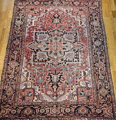 Vintage Room Size Persian Heriz Serapi in Brick-Red, Blue, Pink, Green