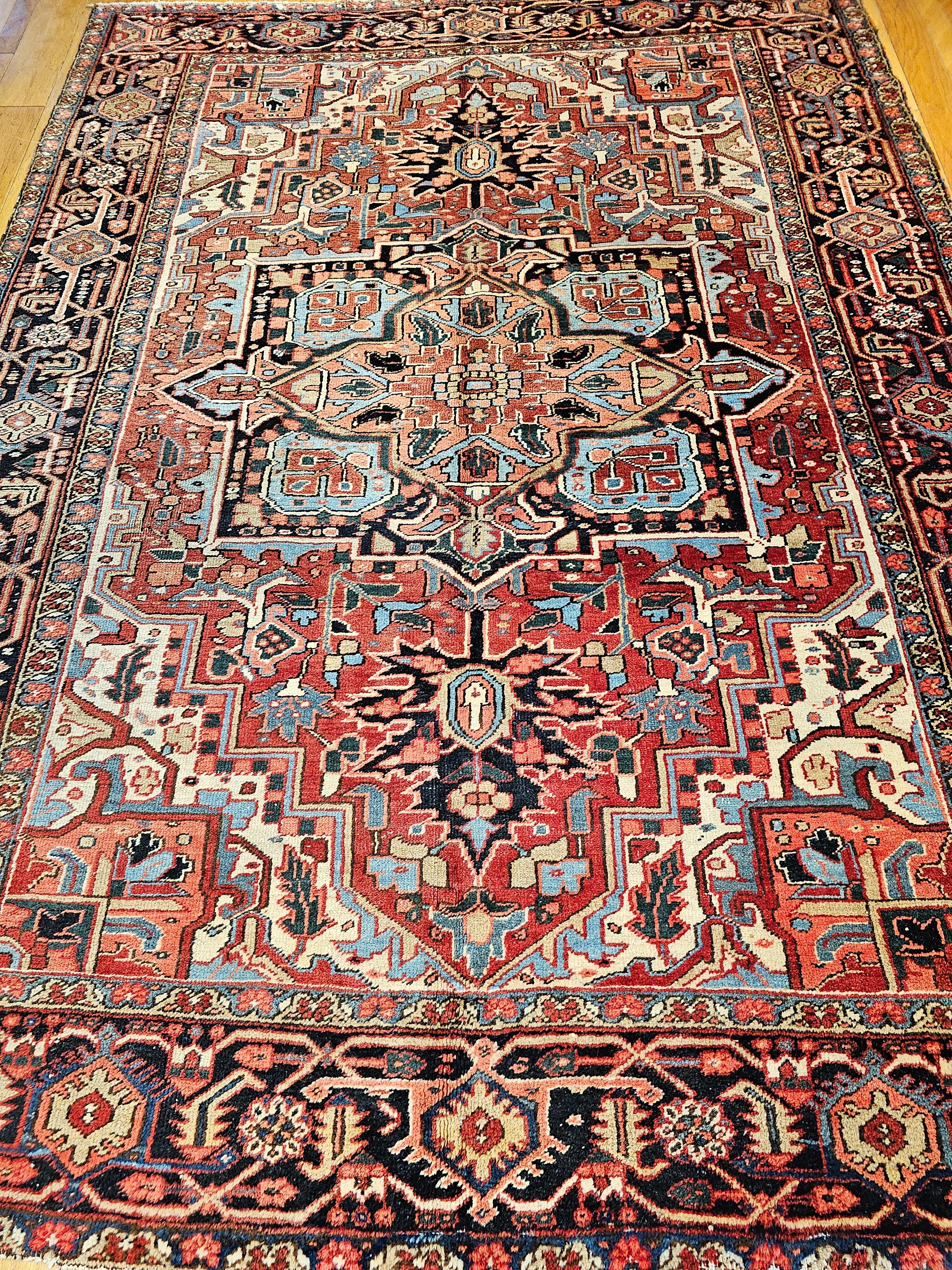 Hand-Knotted Vintage Room Size Persian Heriz Serapi in Brick-Red, Blue, Pink, Green, Yellow For Sale