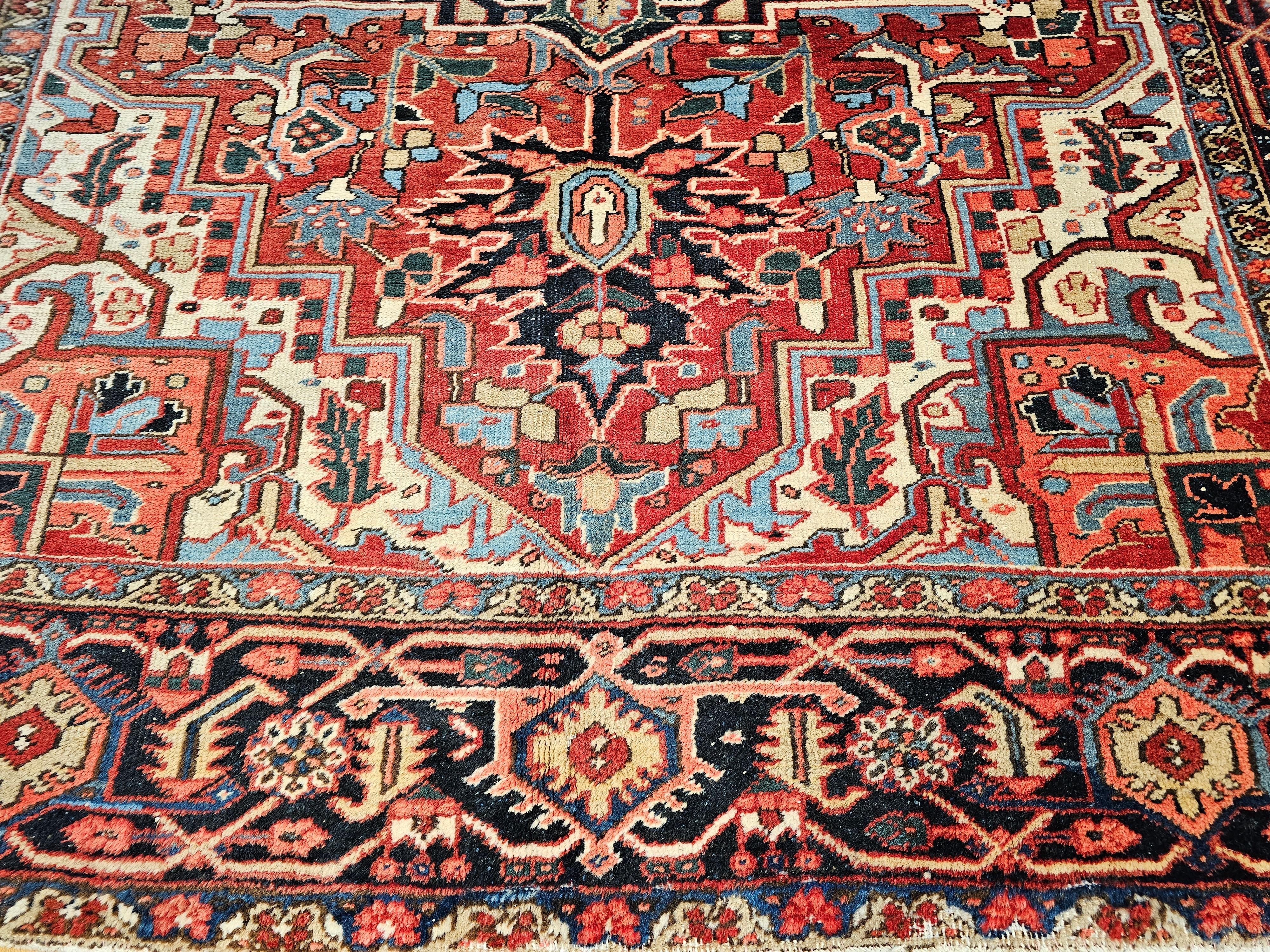 Vintage Room Size Persian Heriz Serapi in Brick-Red, Blue, Pink, Green, Yellow In Good Condition For Sale In Barrington, IL