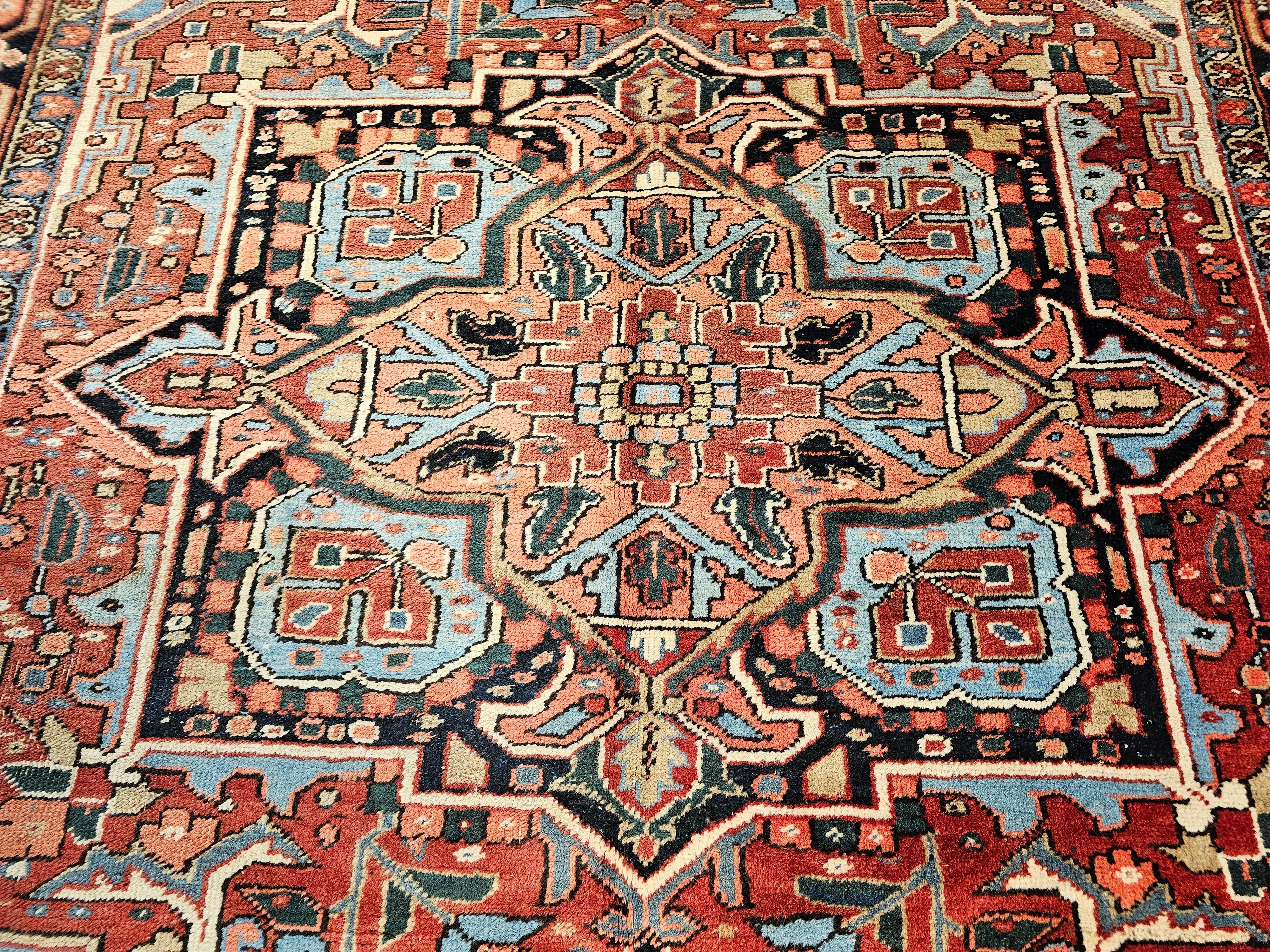 20th Century Vintage Room Size Persian Heriz Serapi in Brick-Red, Blue, Pink, Green, Yellow For Sale