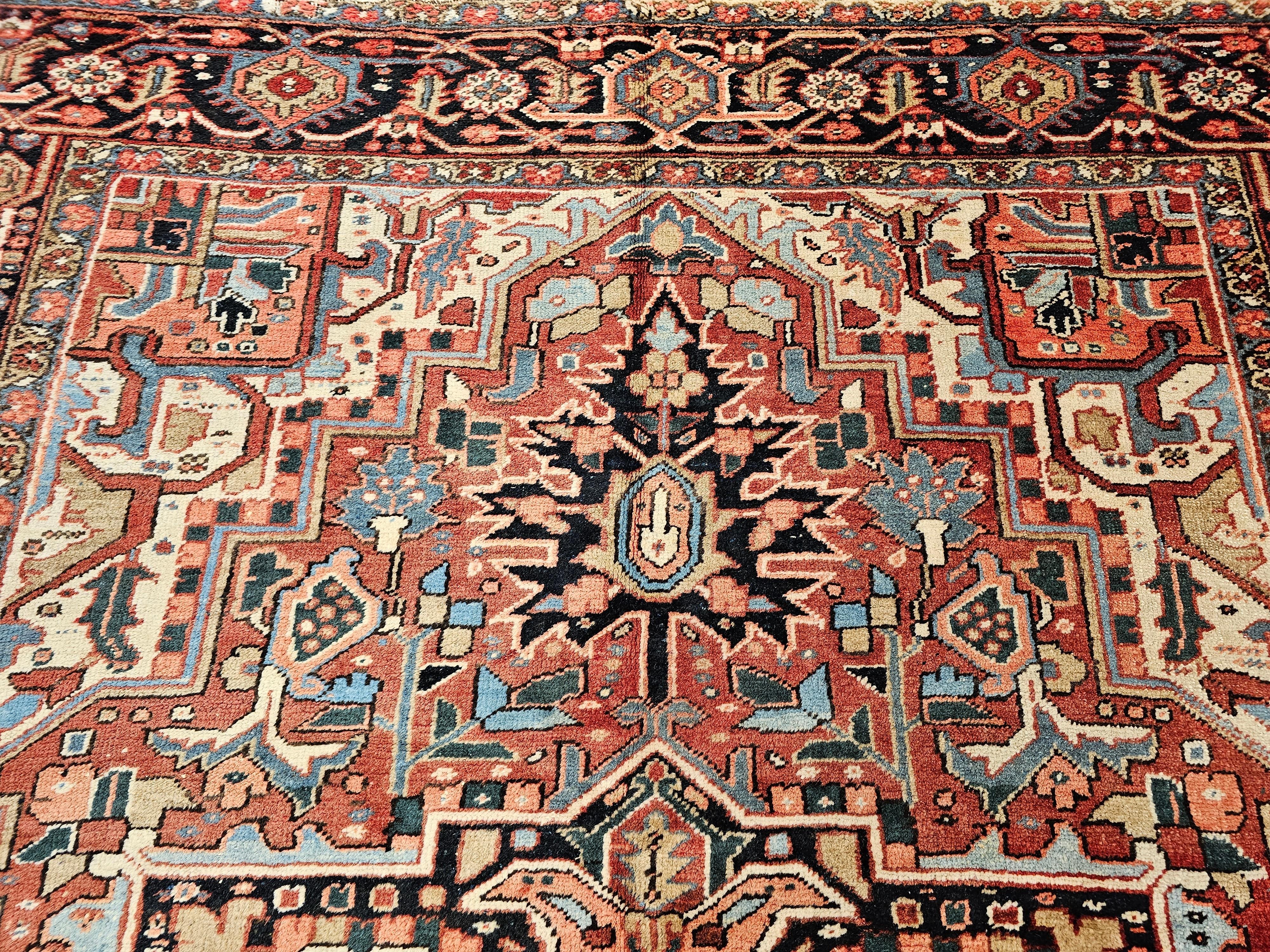 Wool Vintage Room Size Persian Heriz Serapi in Brick-Red, Blue, Pink, Green, Yellow For Sale