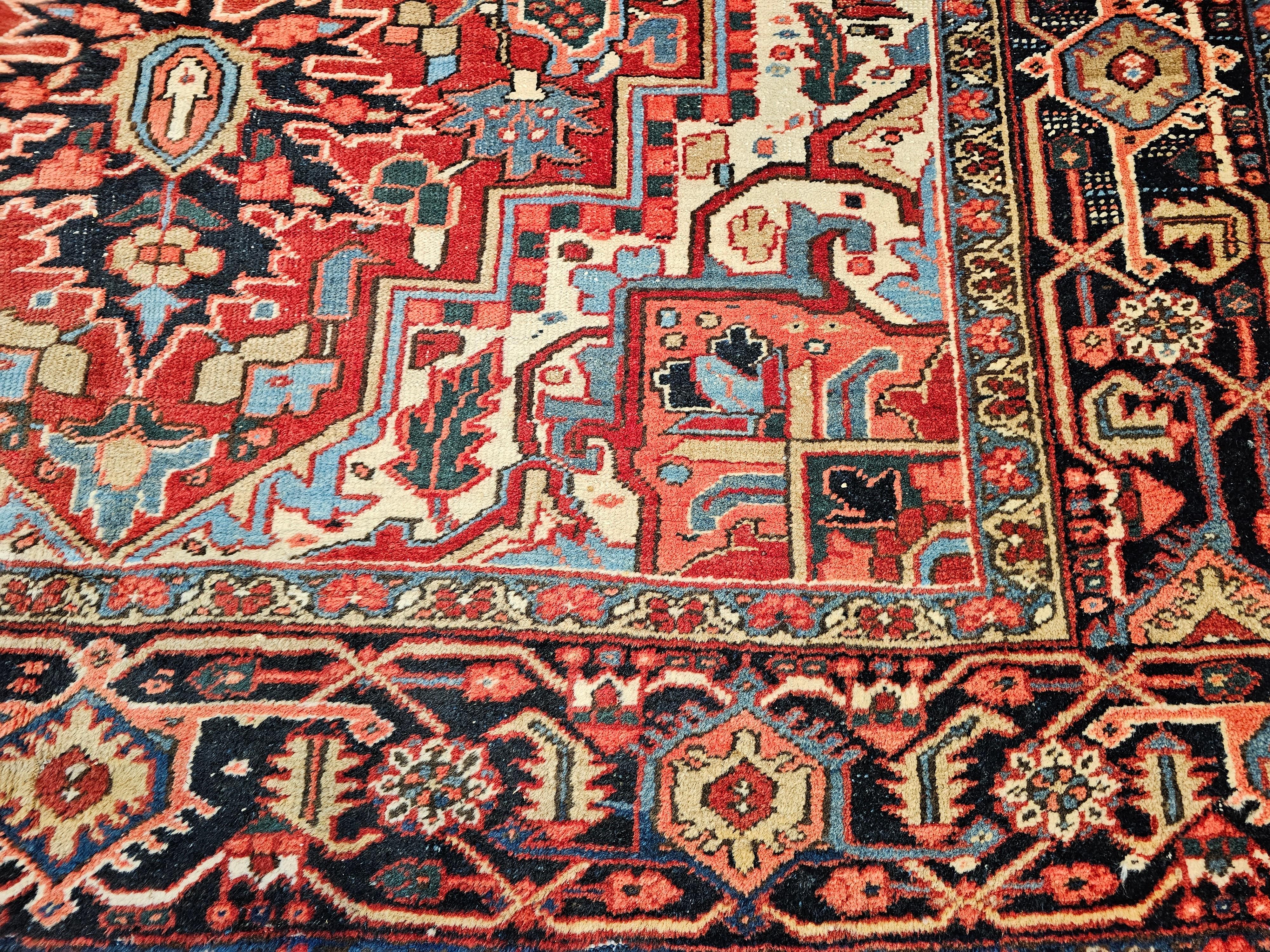 Vintage Room Size Persian Heriz Serapi in Brick-Red, Blue, Pink, Green, Yellow For Sale 1