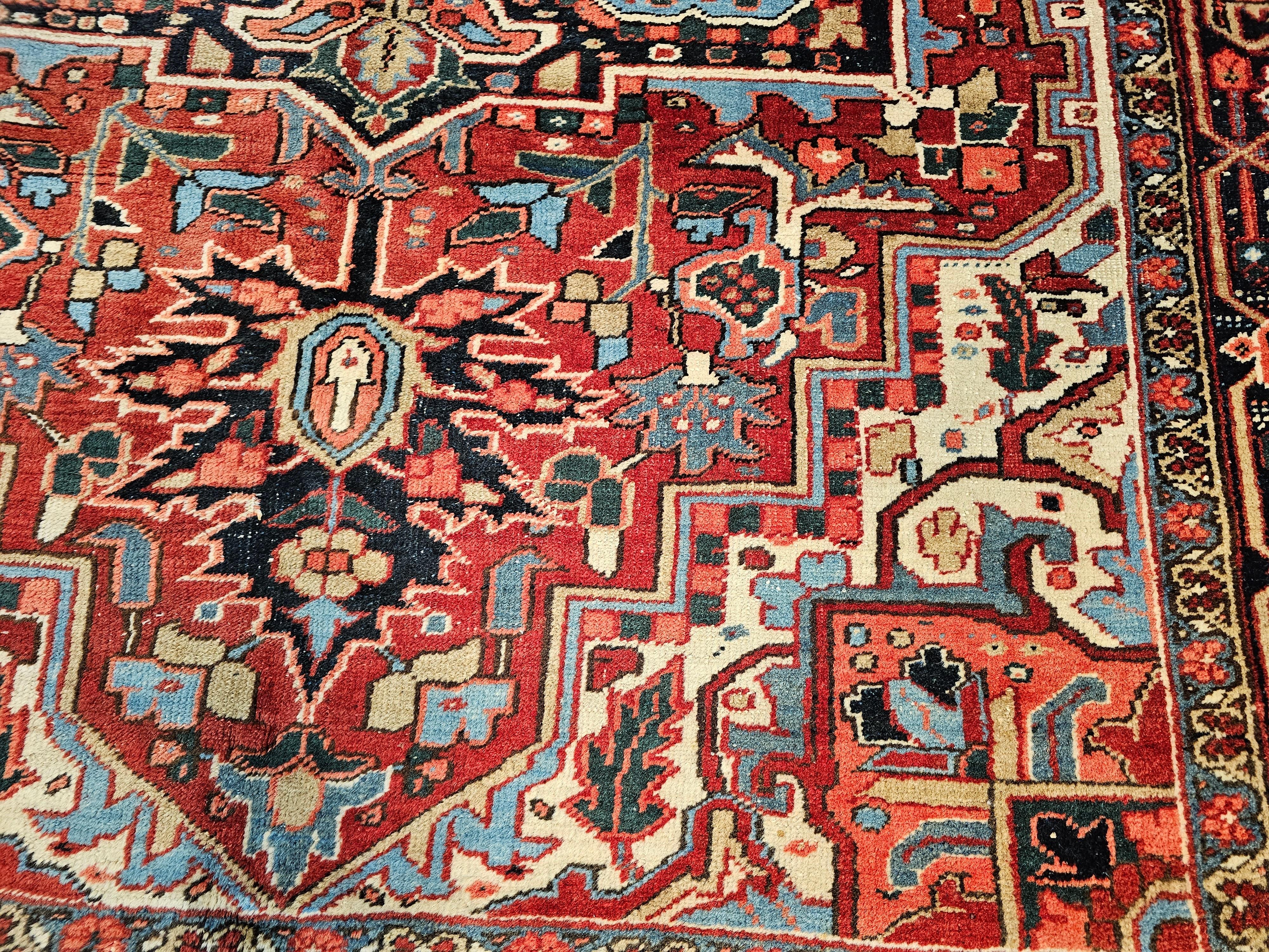 Vintage Room Size Persian Heriz Serapi in Brick-Red, Blue, Pink, Green, Yellow For Sale 2
