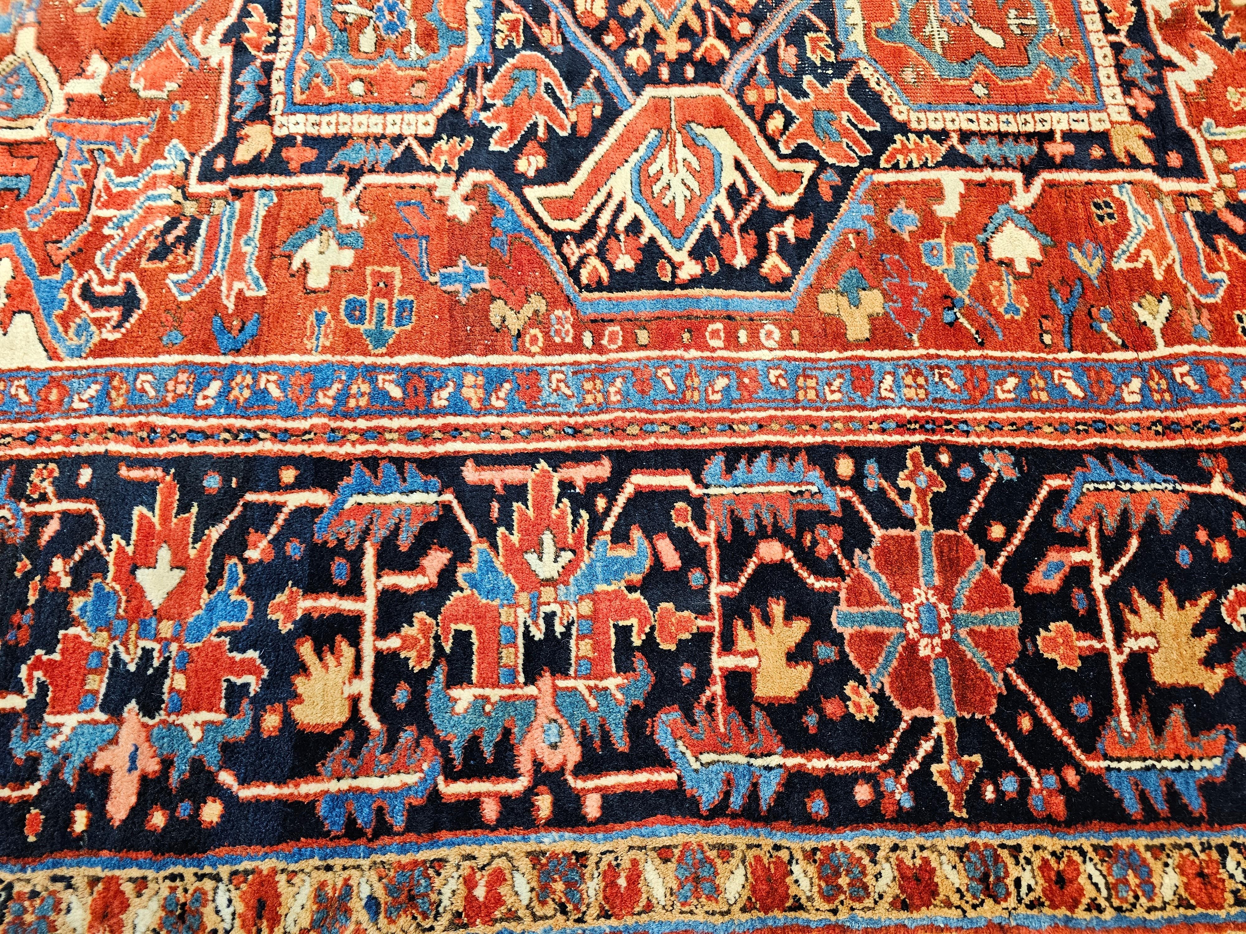 Vintage Room Size Persian Heriz Serapi in Brick-Red, Navy, Green, Blue, Pink For Sale 4
