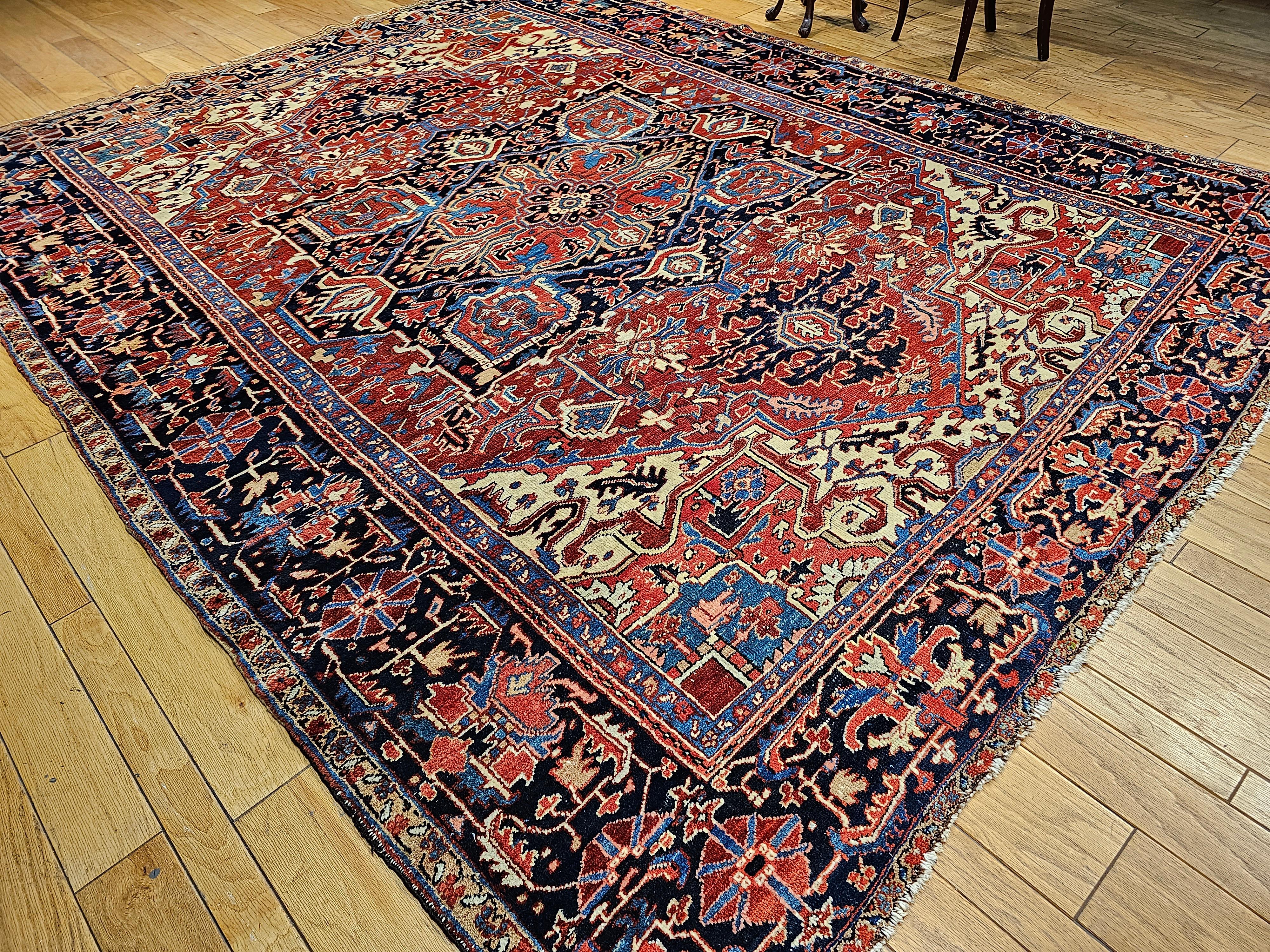 Vintage Room Size Persian Heriz Serapi in Brick-Red, Navy, Green, Blue, Pink For Sale 5