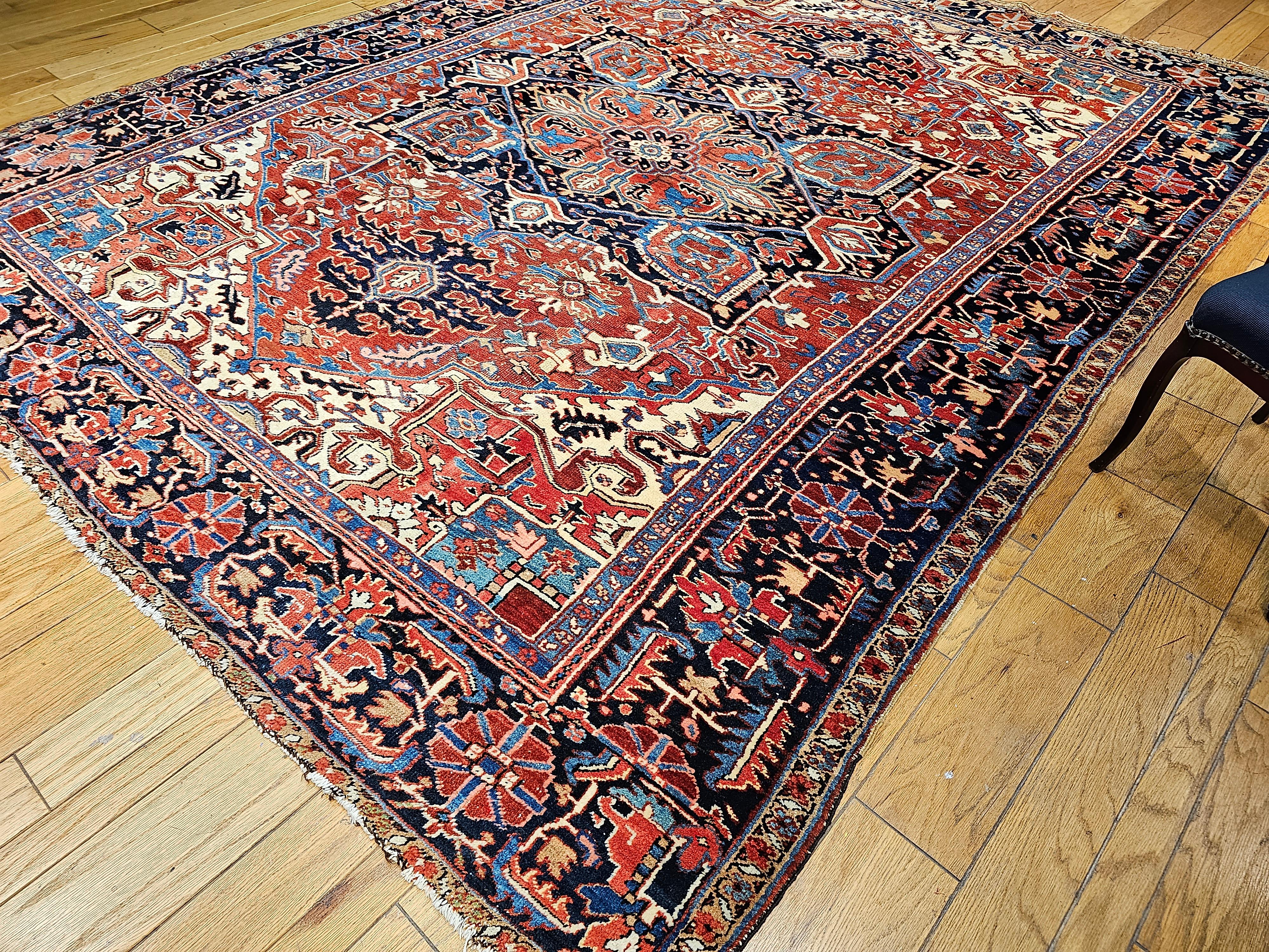 Vintage Room Size Persian Heriz Serapi in Brick-Red, Navy, Green, Blue, Pink For Sale 6