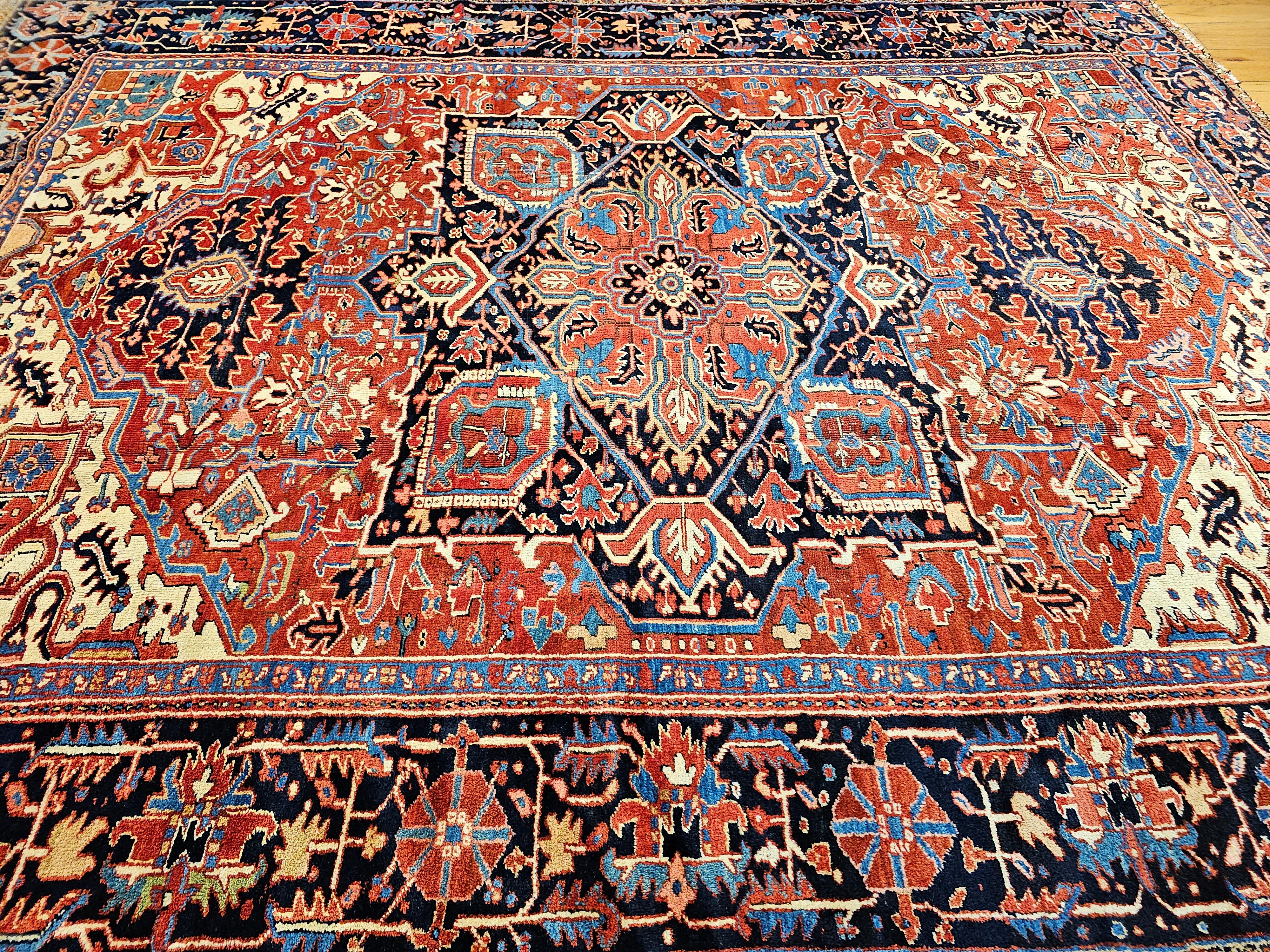 Vintage Room Size Persian Heriz Serapi in Brick-Red, Navy, Green, Blue, Pink For Sale 7