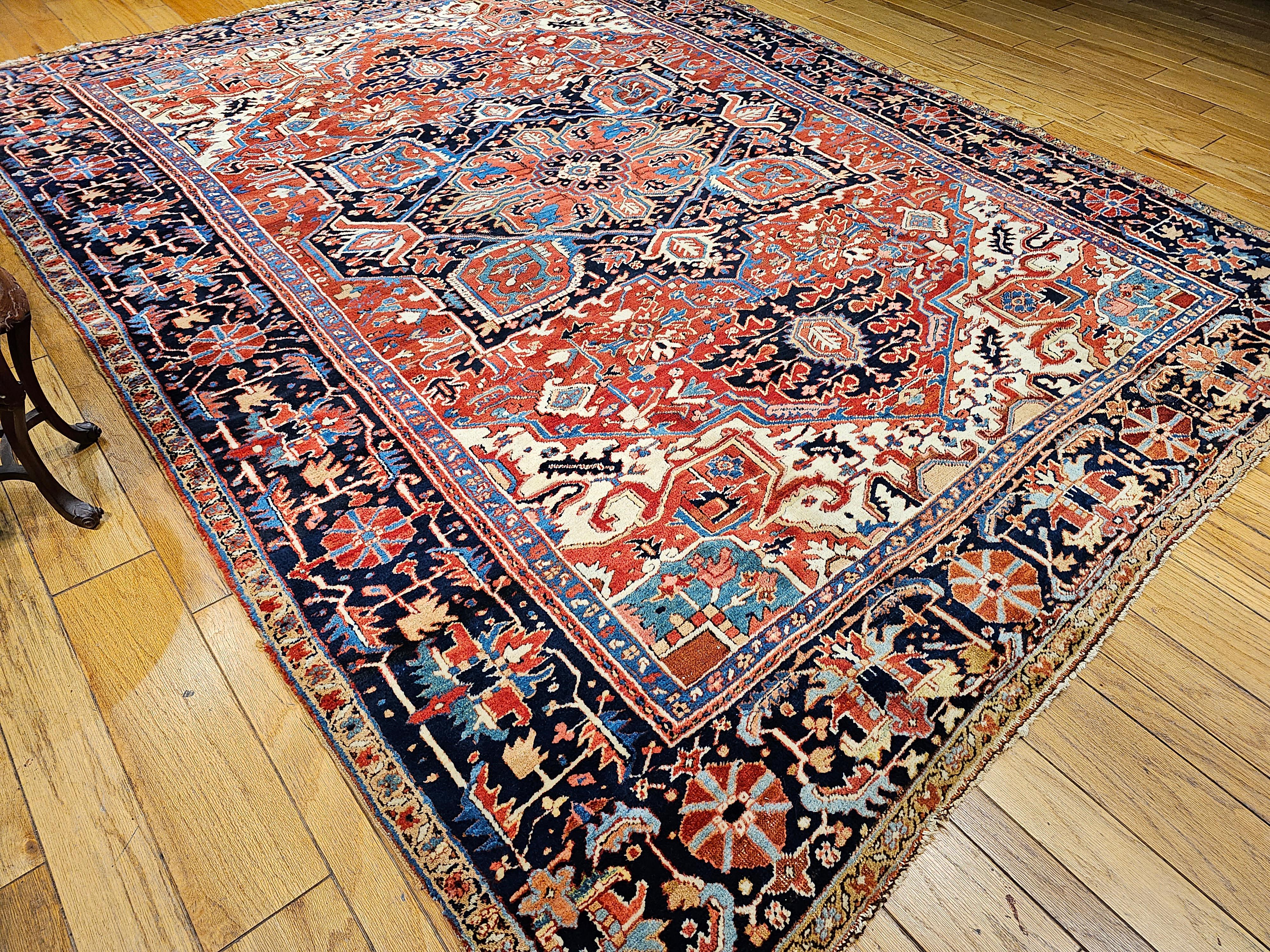 Vintage Room Size Persian Heriz Serapi in Brick-Red, Navy, Green, Blue, Pink For Sale 8