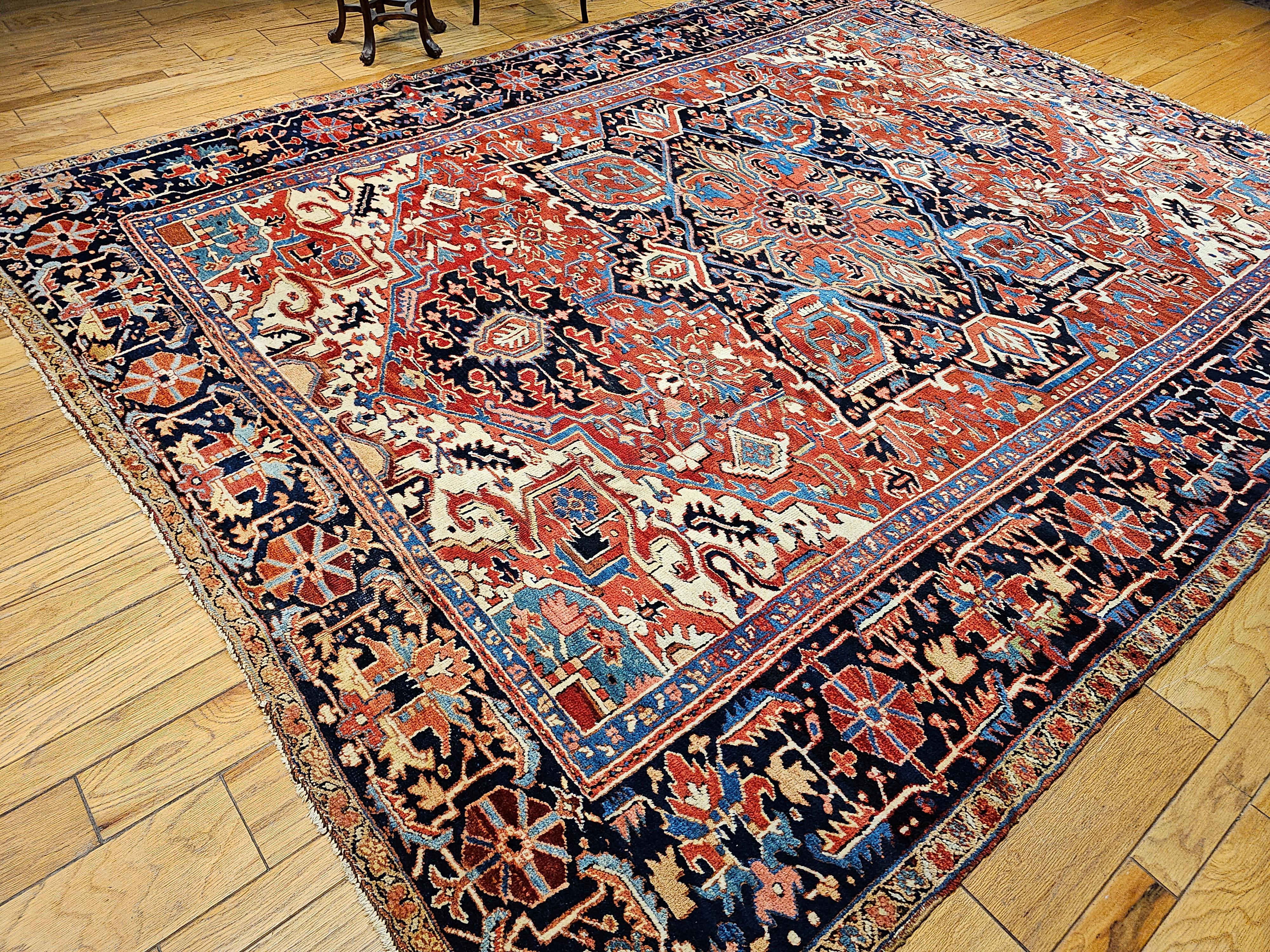 Vintage Room Size Persian Heriz Serapi in Brick-Red, Navy, Green, Blue, Pink For Sale 9