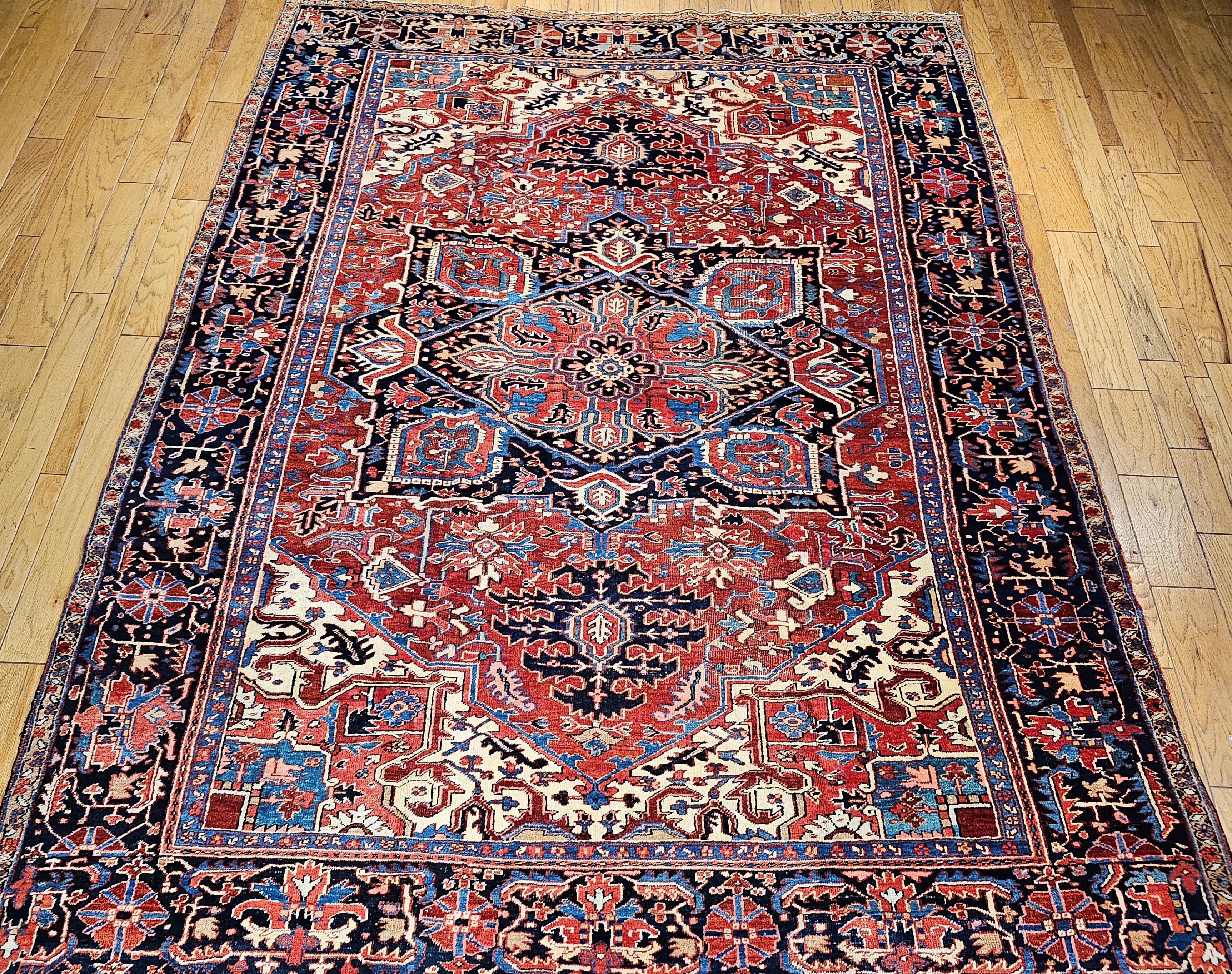 Vintage Room Size Persian Heriz Serapi in Brick-Red, Navy, Green, Blue, Pink For Sale 10