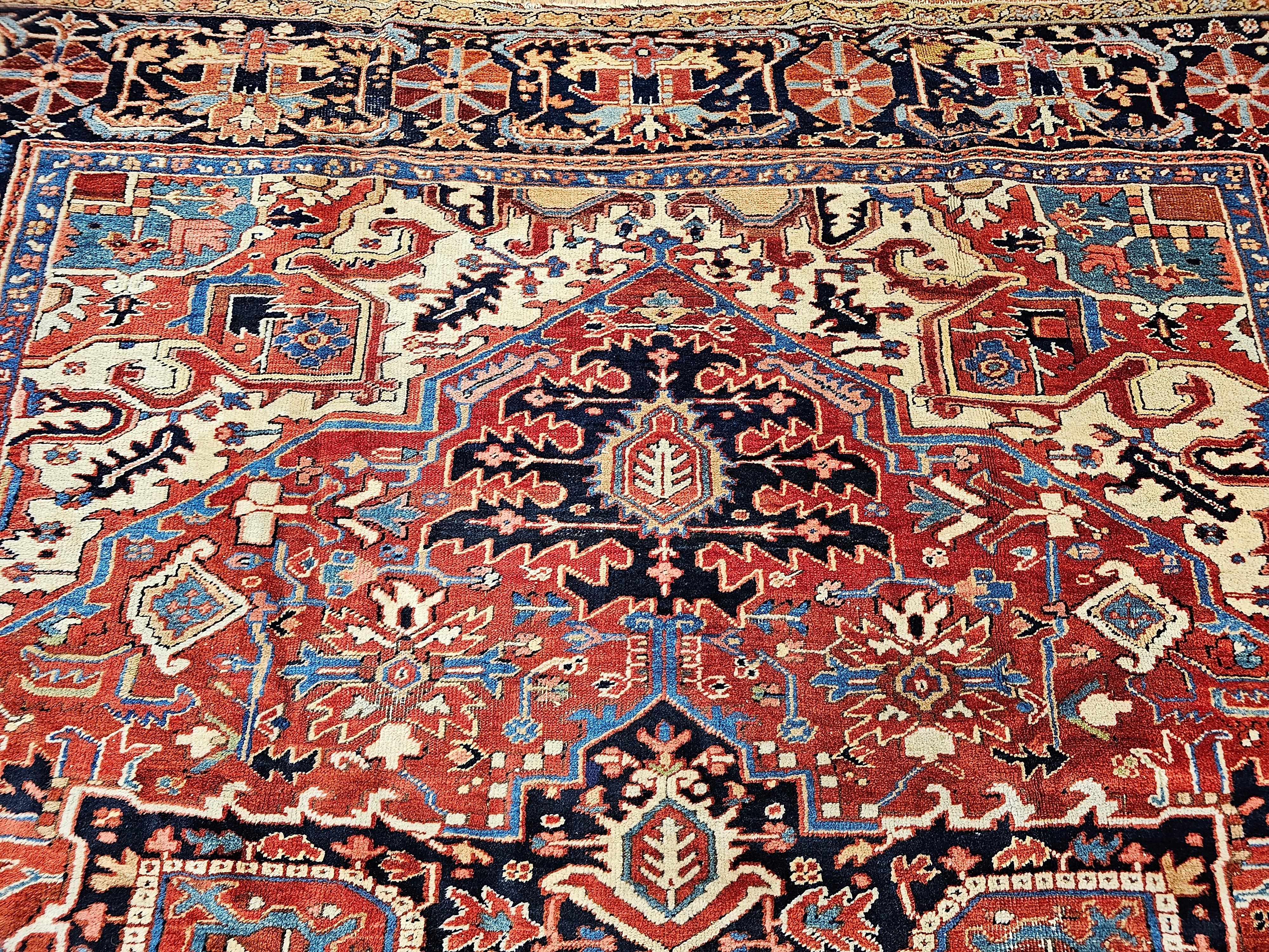Hand-Knotted Vintage Room Size Persian Heriz Serapi in Brick-Red, Navy, Green, Blue, Pink For Sale