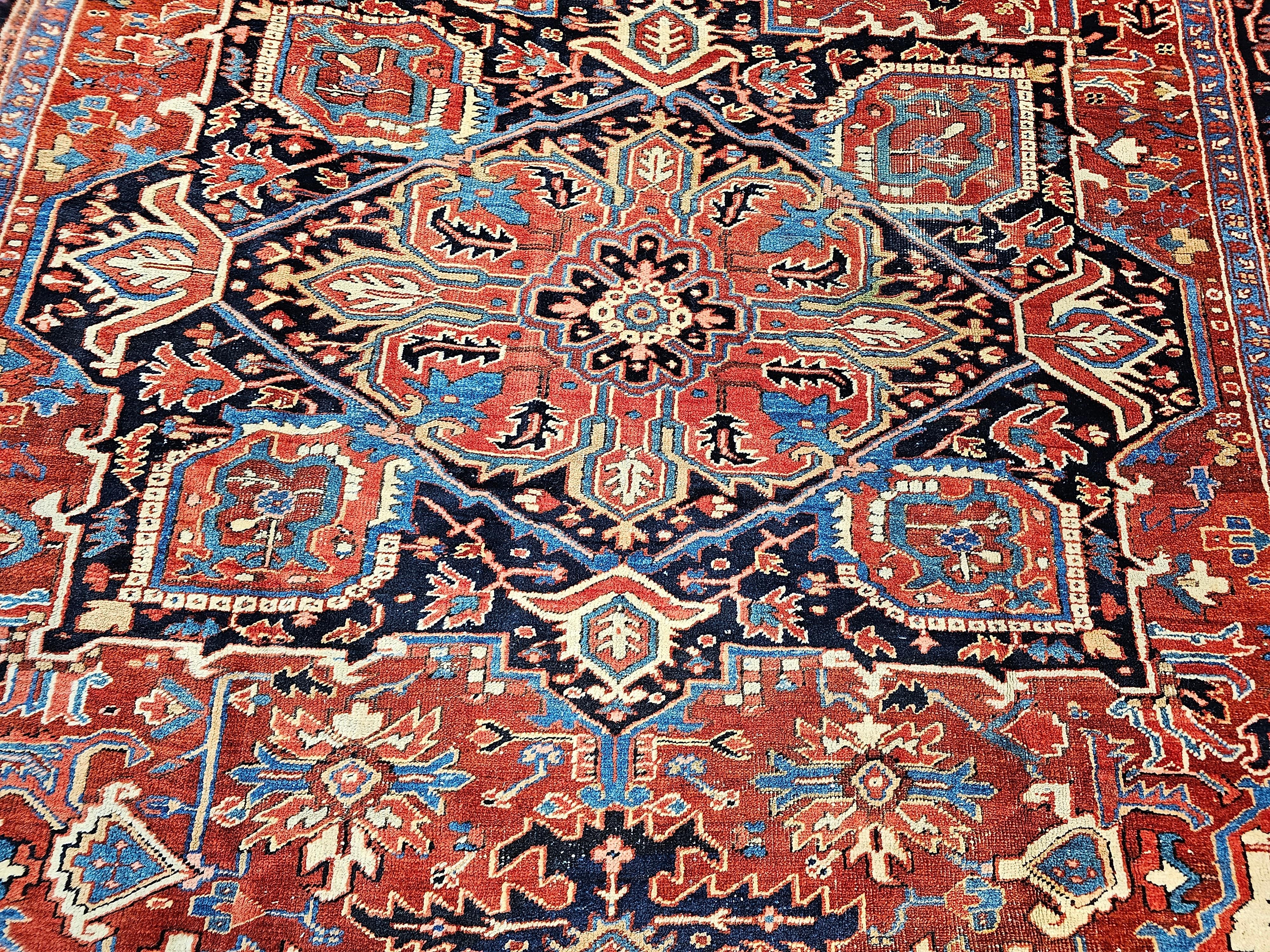 Vintage Room Size Persian Heriz Serapi in Brick-Red, Navy, Green, Blue, Pink In Good Condition For Sale In Barrington, IL