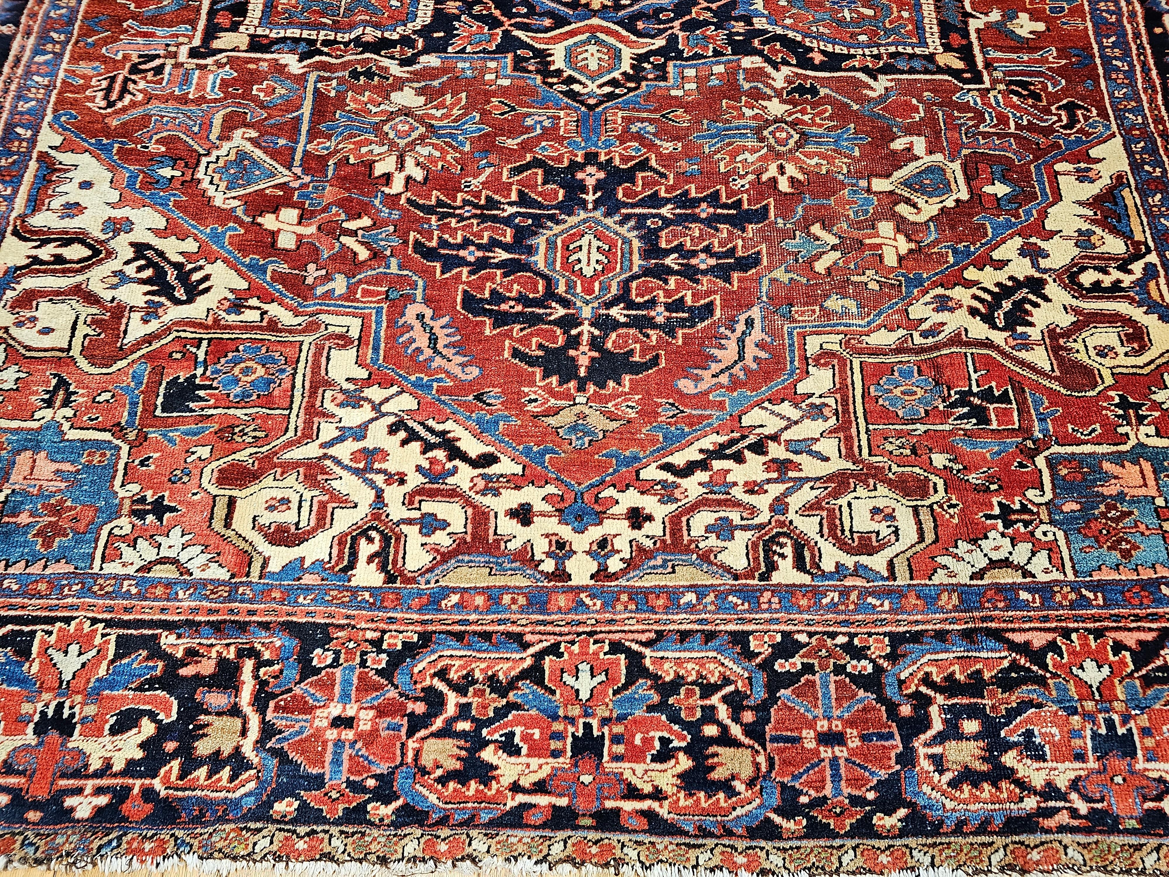 19th Century Vintage Room Size Persian Heriz Serapi in Brick-Red, Navy, Green, Blue, Pink For Sale