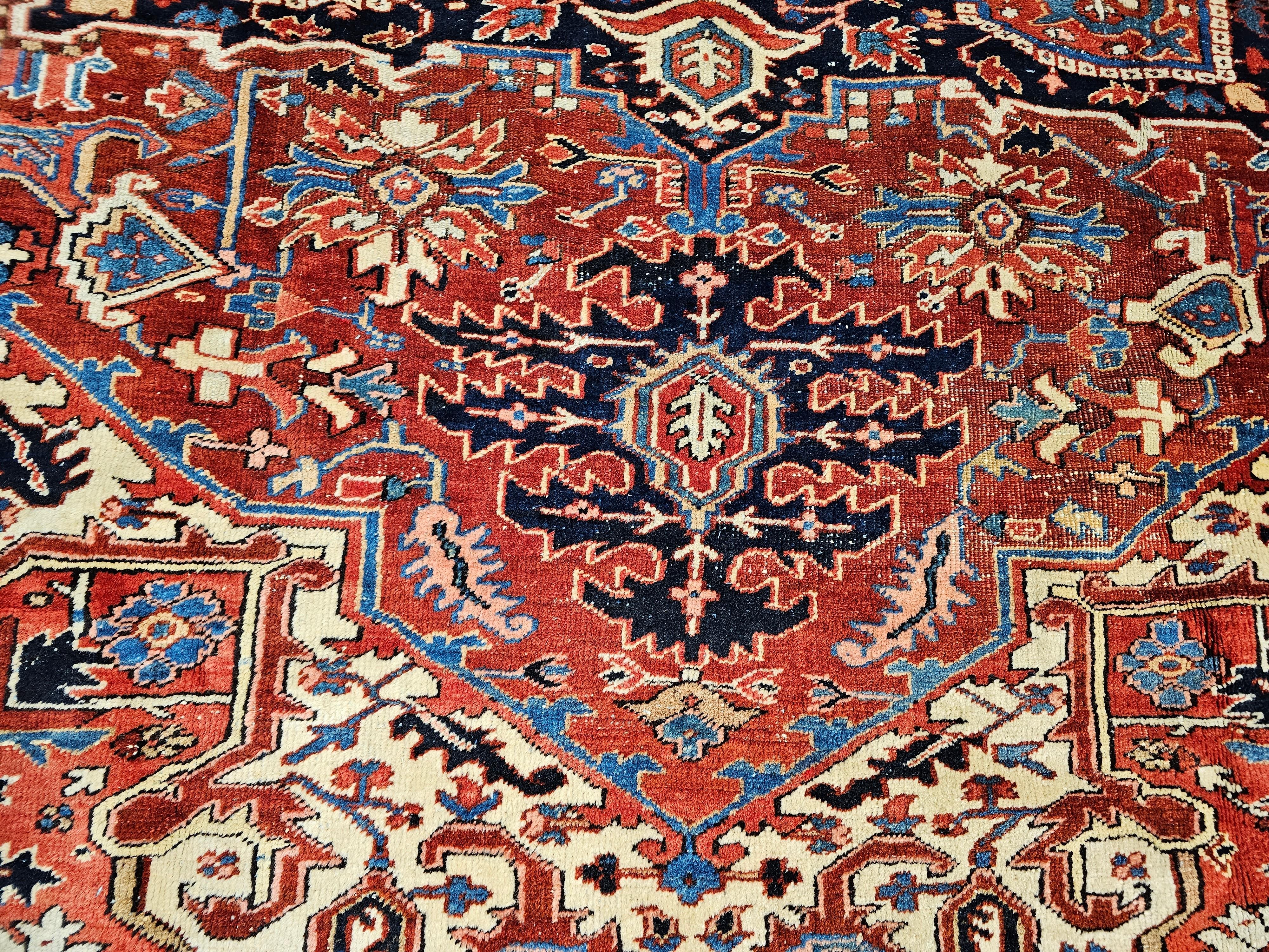 Wool Vintage Room Size Persian Heriz Serapi in Brick-Red, Navy, Green, Blue, Pink For Sale
