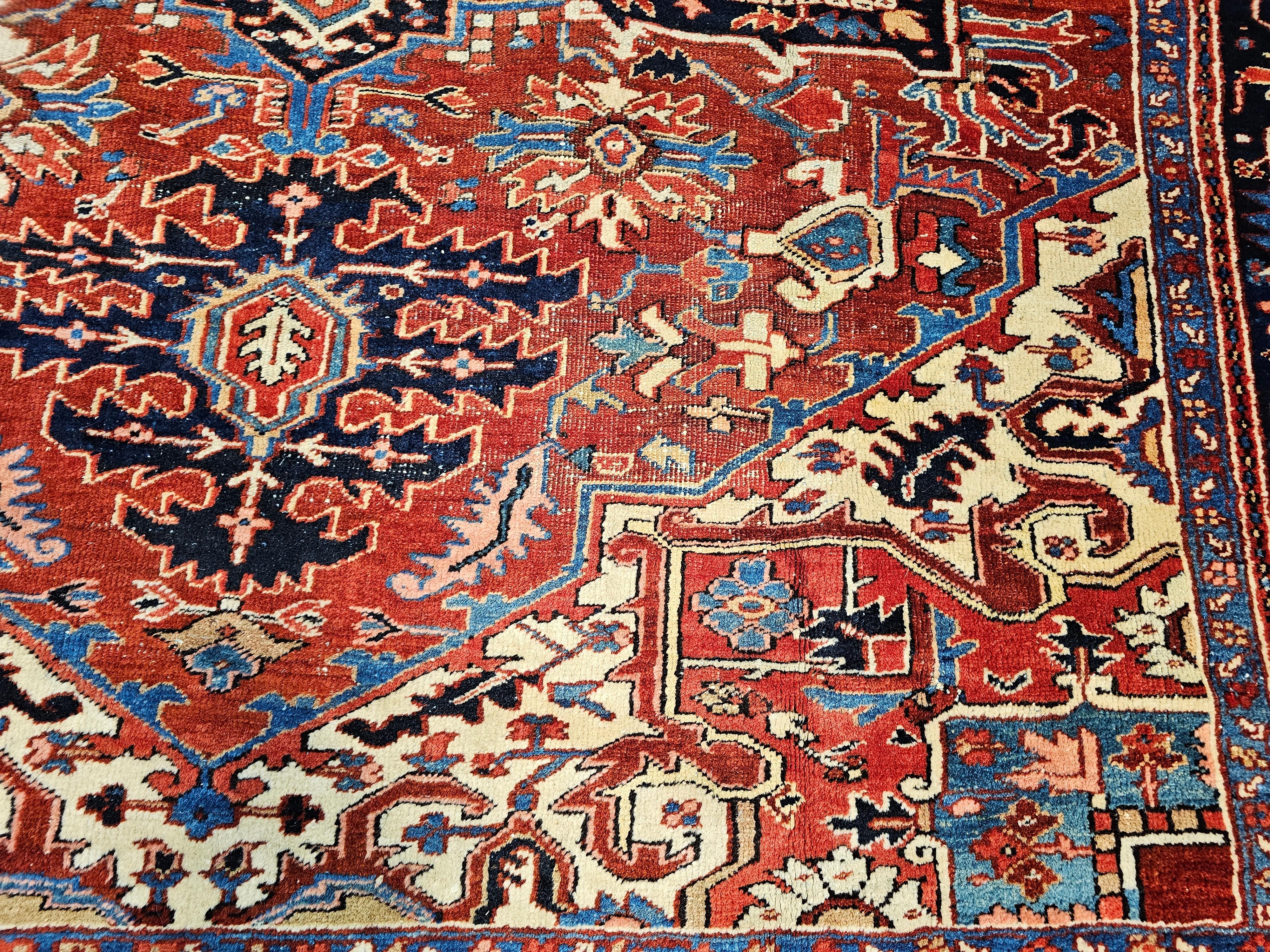 Vintage Room Size Persian Heriz Serapi in Brick-Red, Navy, Green, Blue, Pink For Sale 1