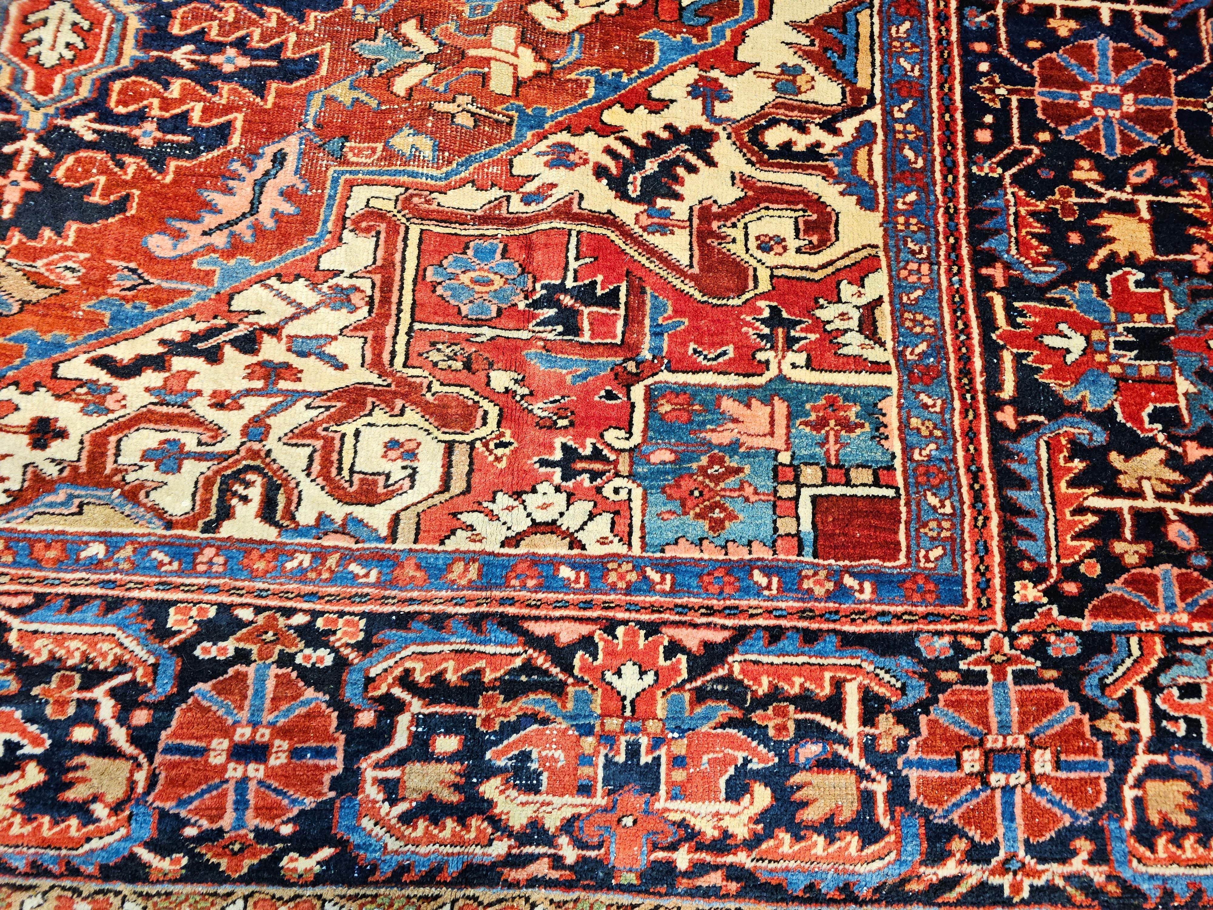 Vintage Room Size Persian Heriz Serapi in Brick-Red, Navy, Green, Blue, Pink For Sale 2