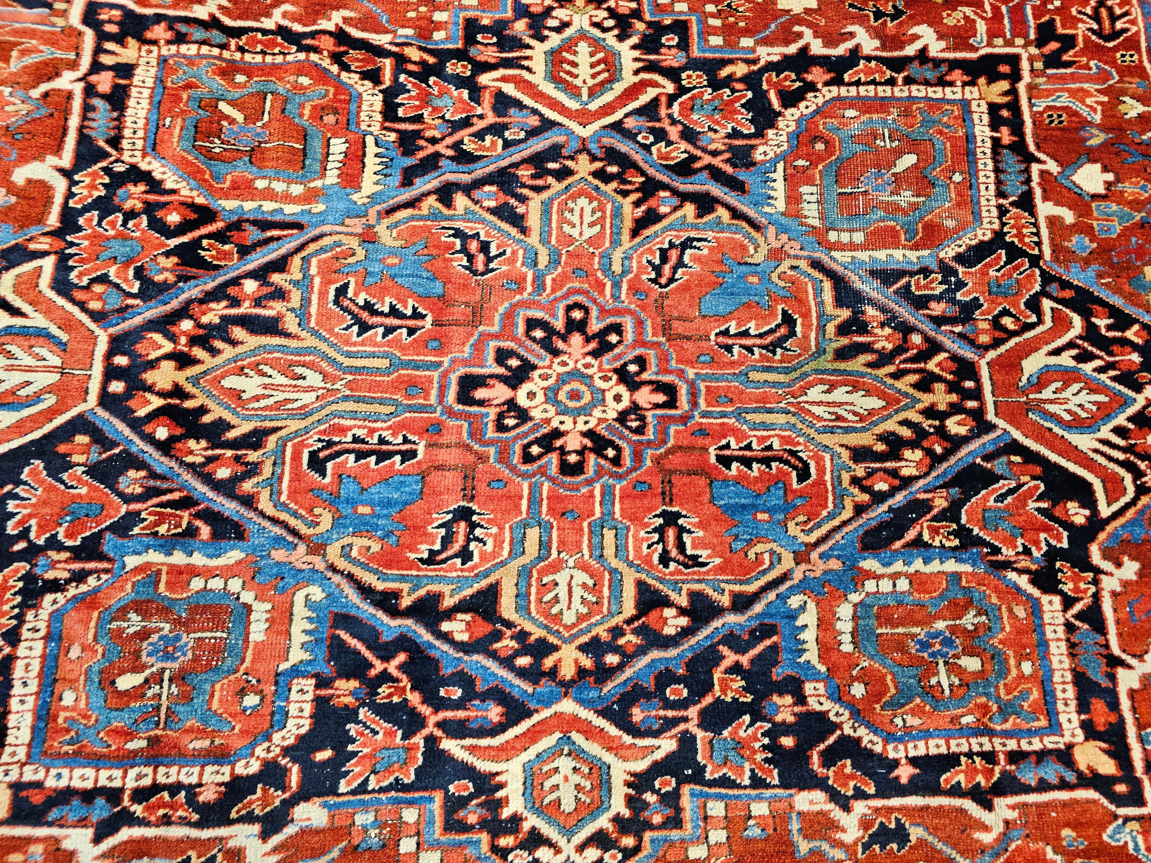 Vintage Room Size Persian Heriz Serapi in Brick-Red, Navy, Green, Blue, Pink For Sale 3