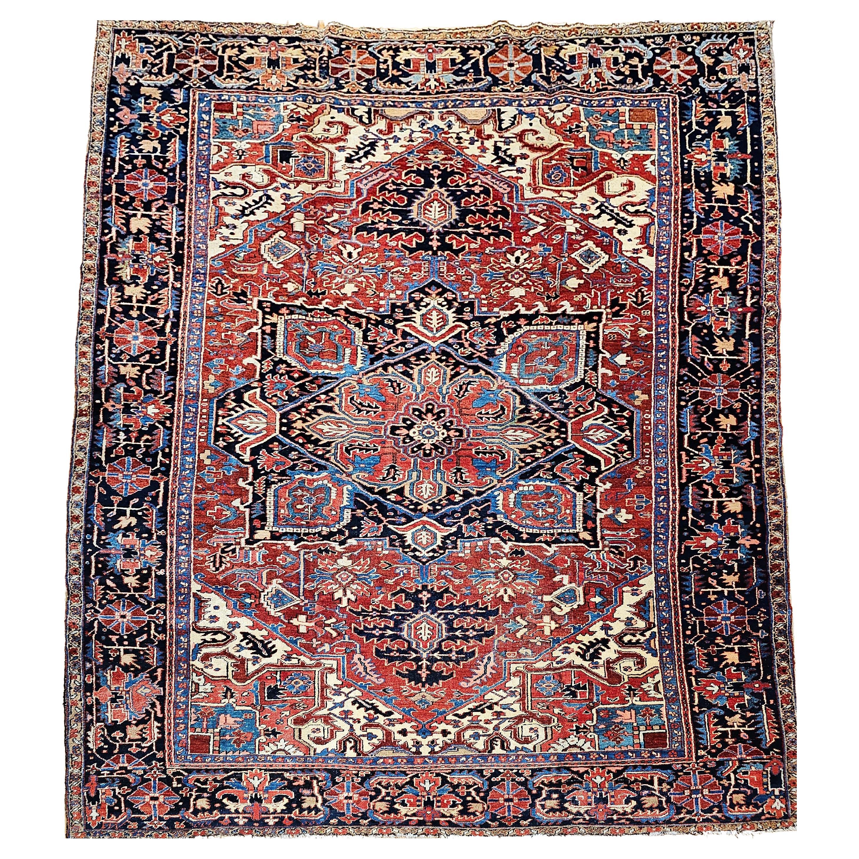 Vintage Room Size Persian Heriz Serapi in Brick-Red, Navy, Green, Blue, Pink For Sale