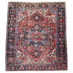 Vintage Room Size Persian Heriz Serapi in Brick-Red, Navy, Green, Blue, Pink