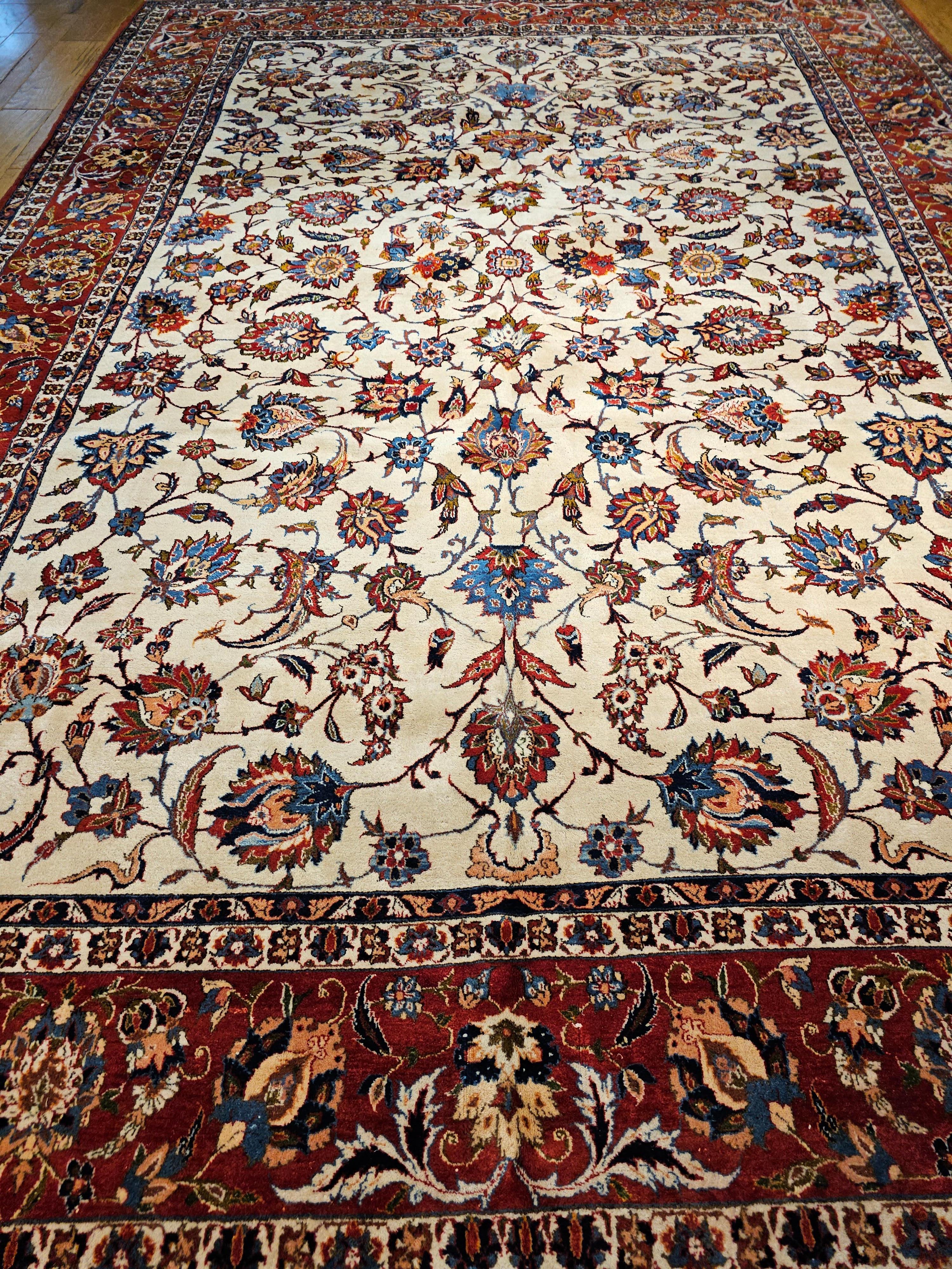 Hand-Woven Vintage Room Size Persian Isfahan in Allover Floral Pattern in Ivory, Red, Blue For Sale