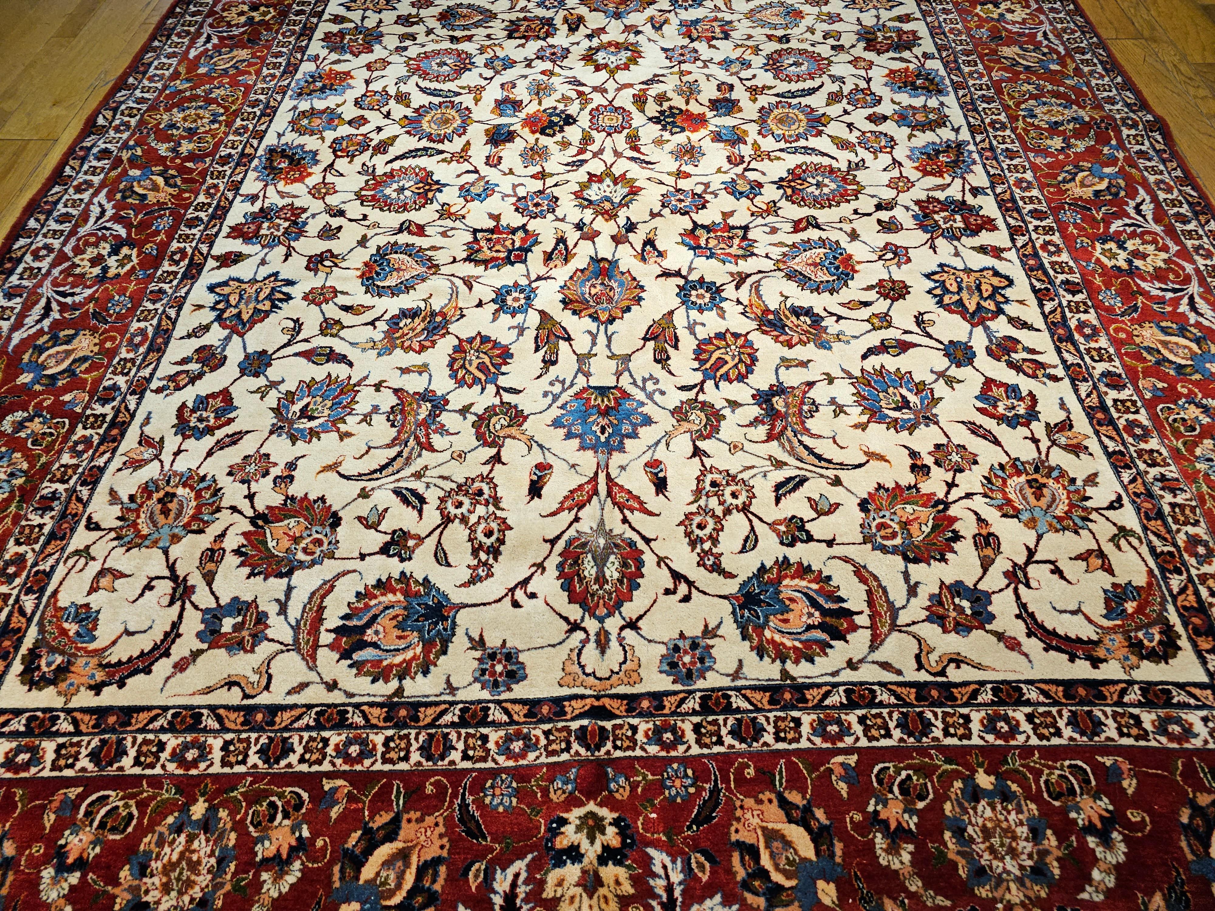 Vintage Room Size Persian Isfahan in Allover Floral Pattern in Ivory, Red, Blue In Good Condition For Sale In Barrington, IL