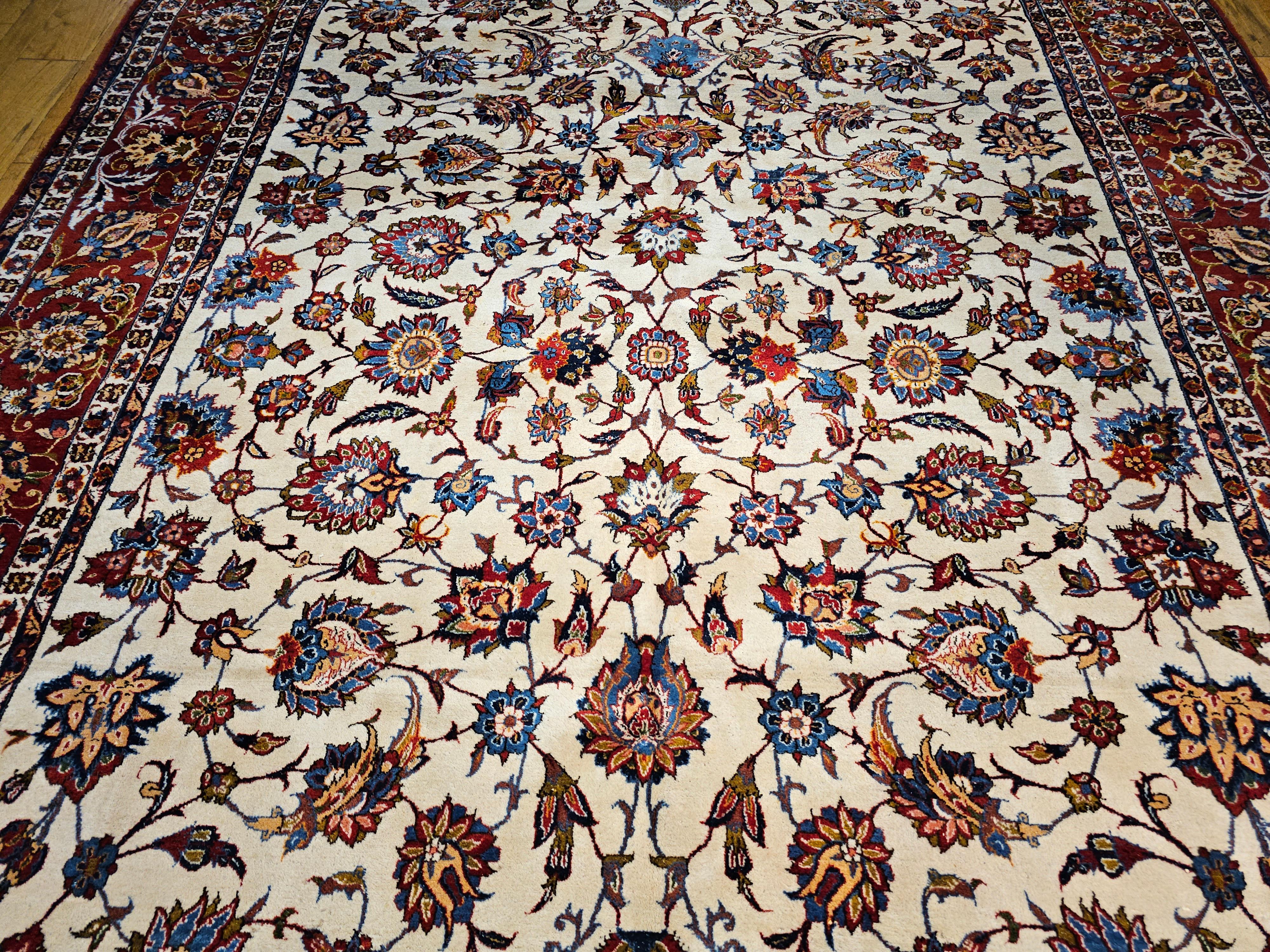 Vintage Room Size Persian Isfahan in Allover Floral Pattern in Ivory, Red, Blue For Sale 2