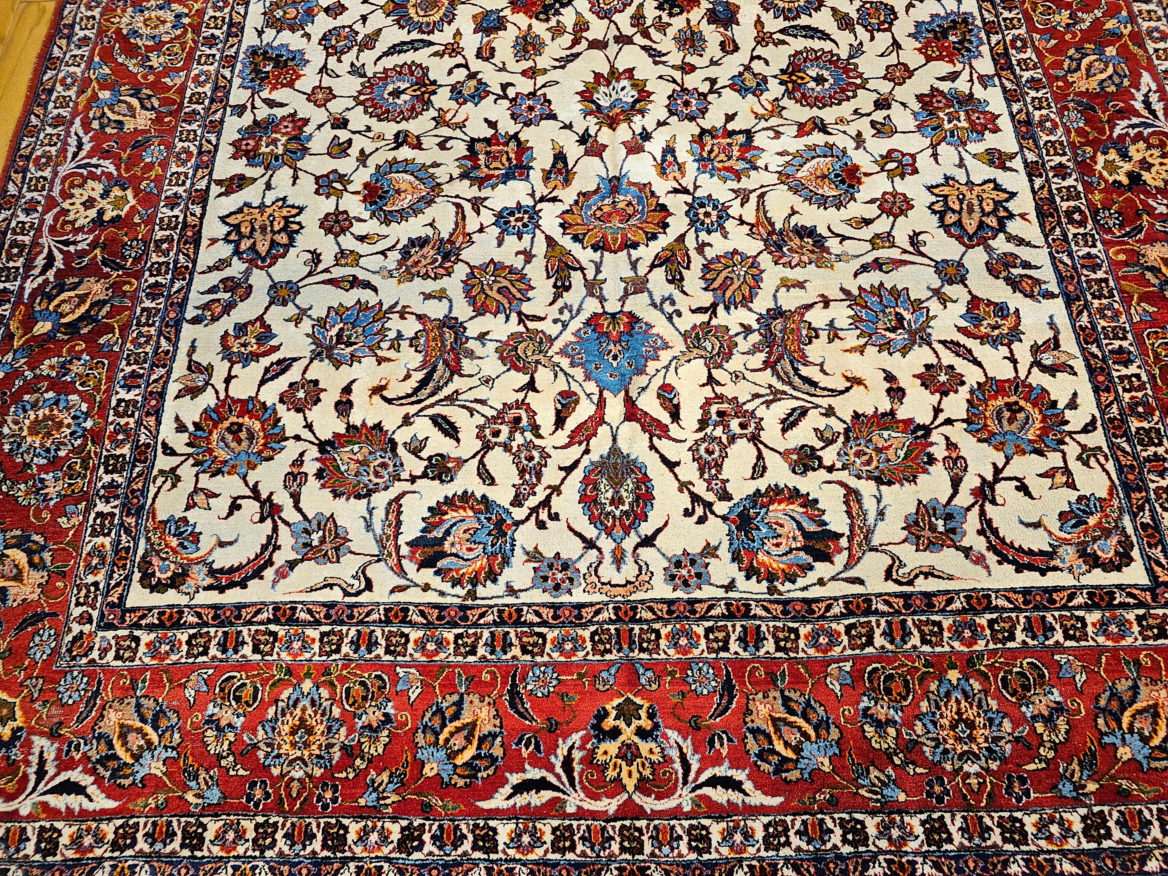 Vintage Room Size Persian Isfahan in Allover Floral Pattern in Ivory, Red, Blue For Sale 1